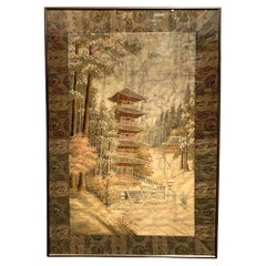 Antique Framed Japanese Embroidery Textile Panel Pagoda Scenery