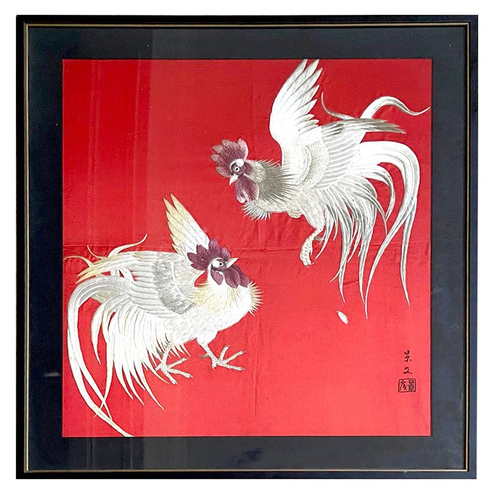 Framed Japanese Embroidery Textile Panel Rootsters