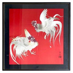 Framed Japanese Embroidery Textile Panel Rootsters