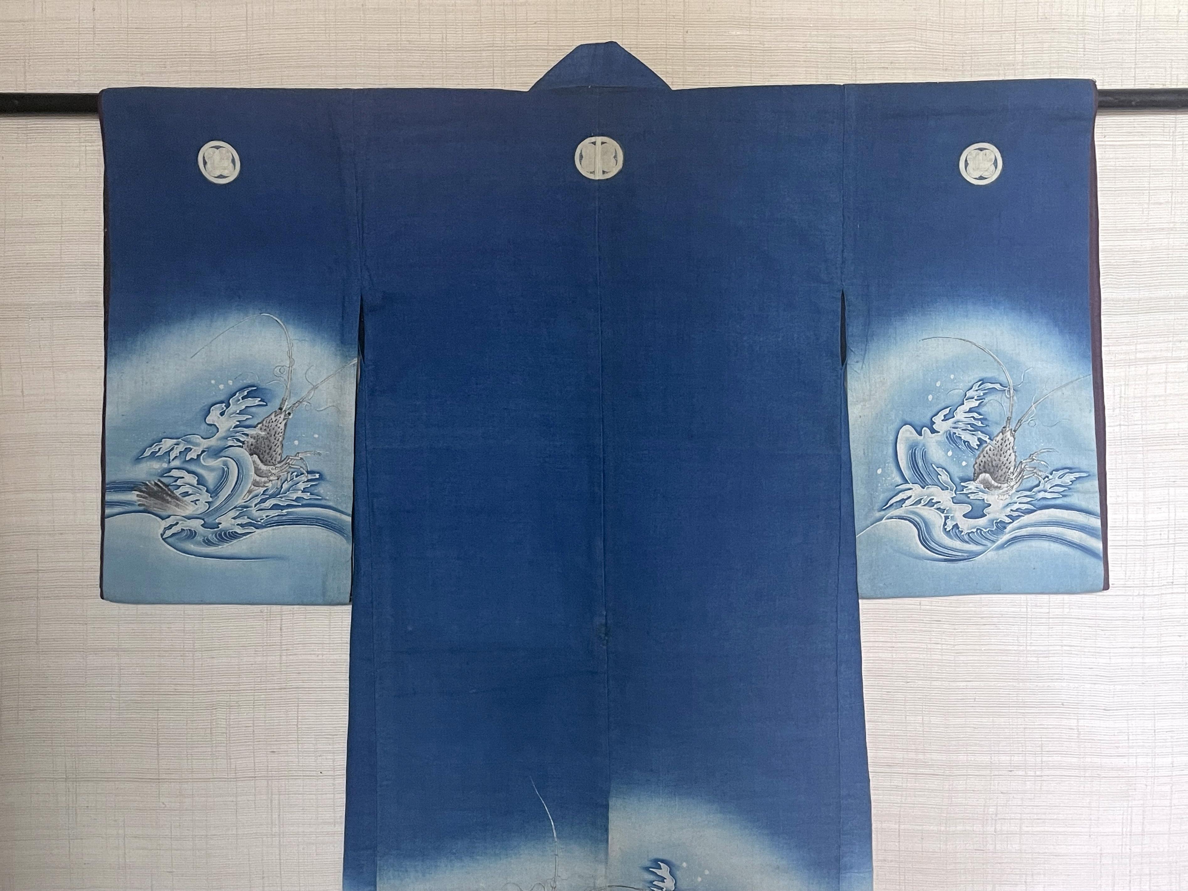 Framed Japanese Fisherman Festival Kimono with Shibori and Mon Design In Good Condition In Atlanta, GA