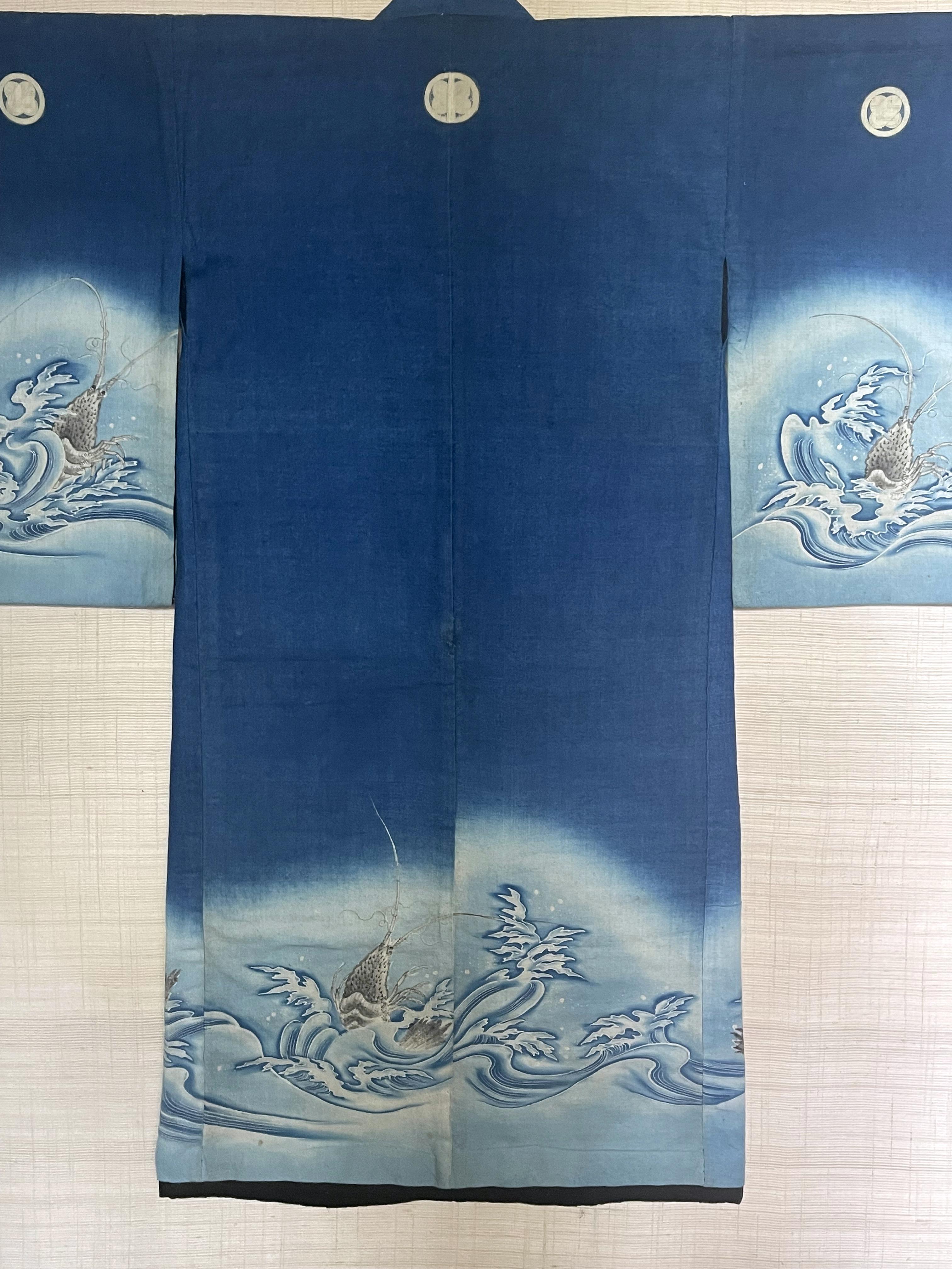 Early 20th Century Framed Japanese Fisherman Festival Kimono with Shibori and Mon Design