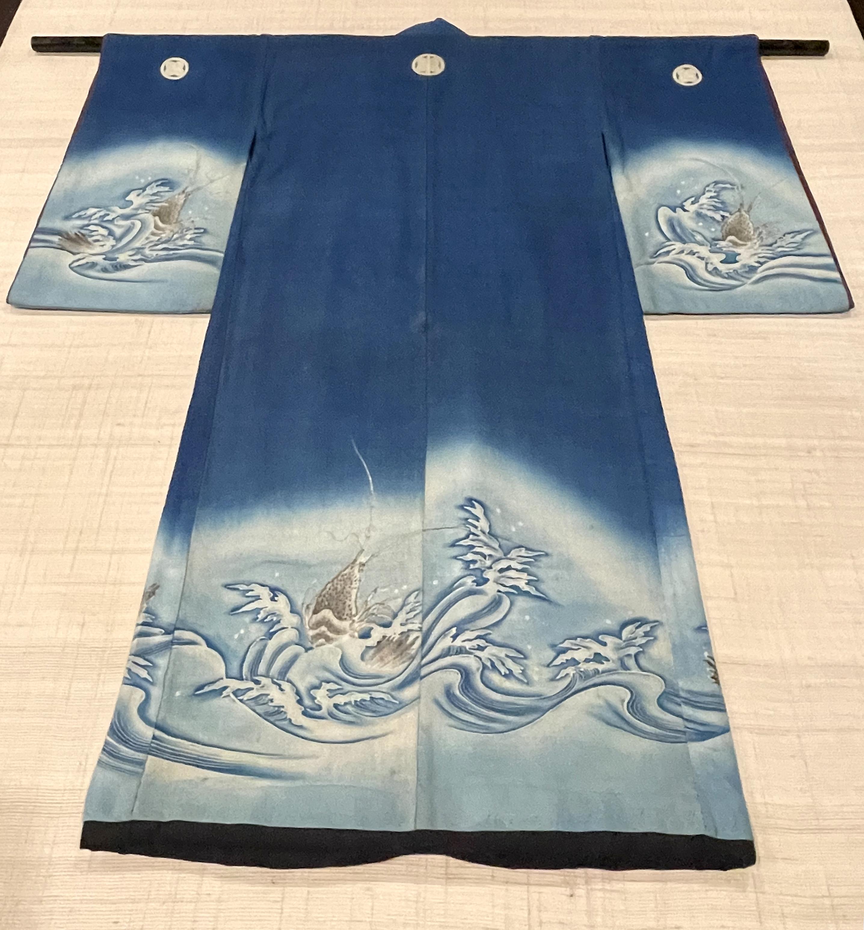 Cotton Framed Japanese Fisherman Festival Kimono with Shibori and Mon Design