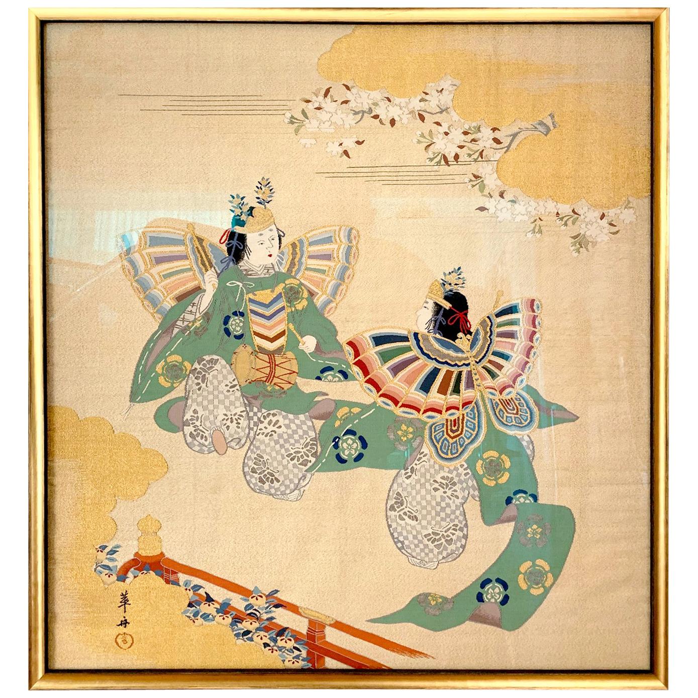 Framed Japanese Fukusa Textile Art Meiji Period