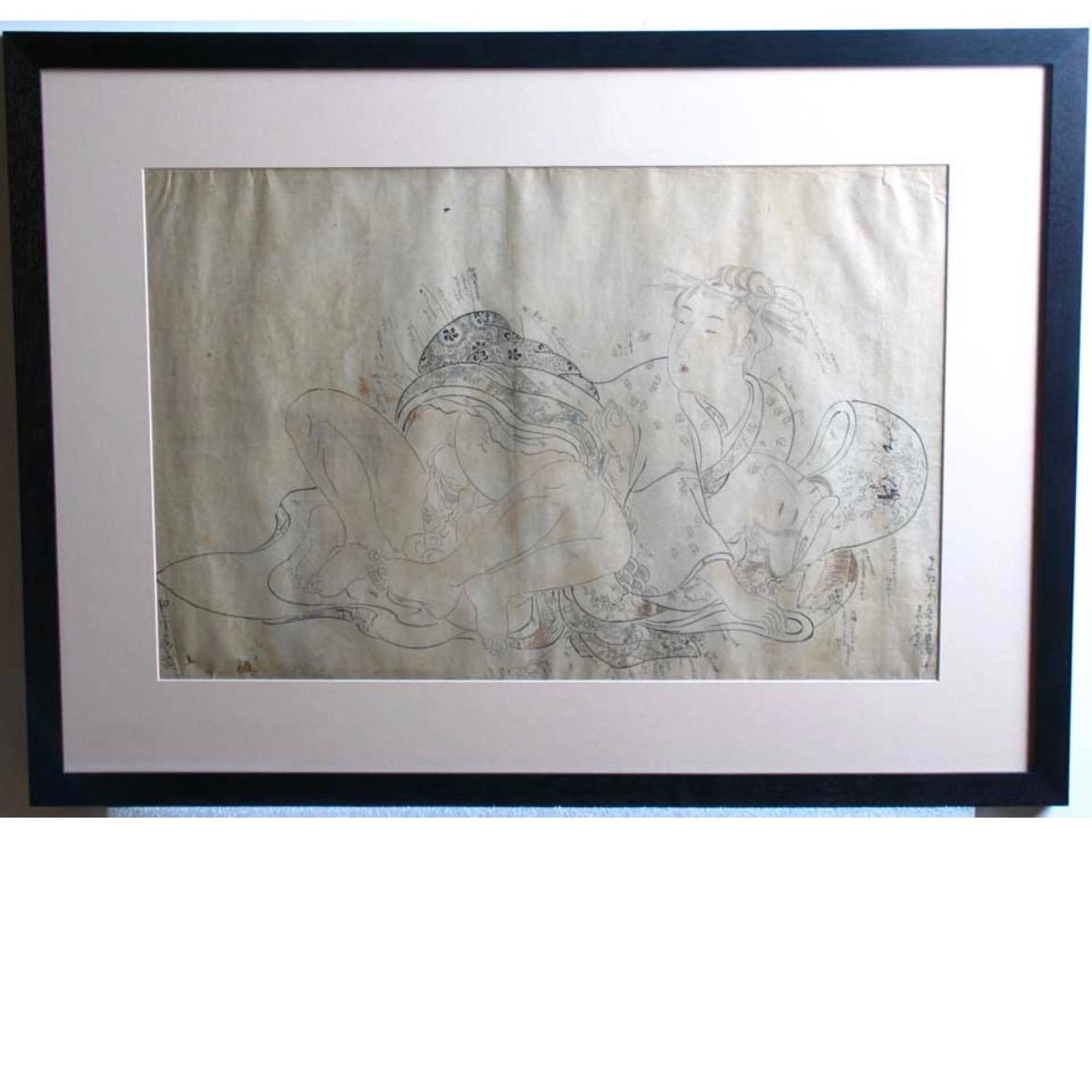 Japanese ink on paper wood block shunga artist’s color and pattern illustration with instructions for the woodblock carver and printer, depicting a sumptuously clothed amorous couple, the woman on top  wearing a beautifully patterned kimono in a