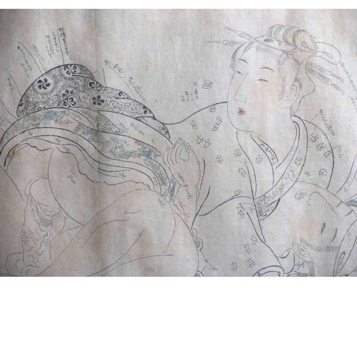 Meiji Framed Japanese ink on paper artist's instruction for a Shunga print For Sale