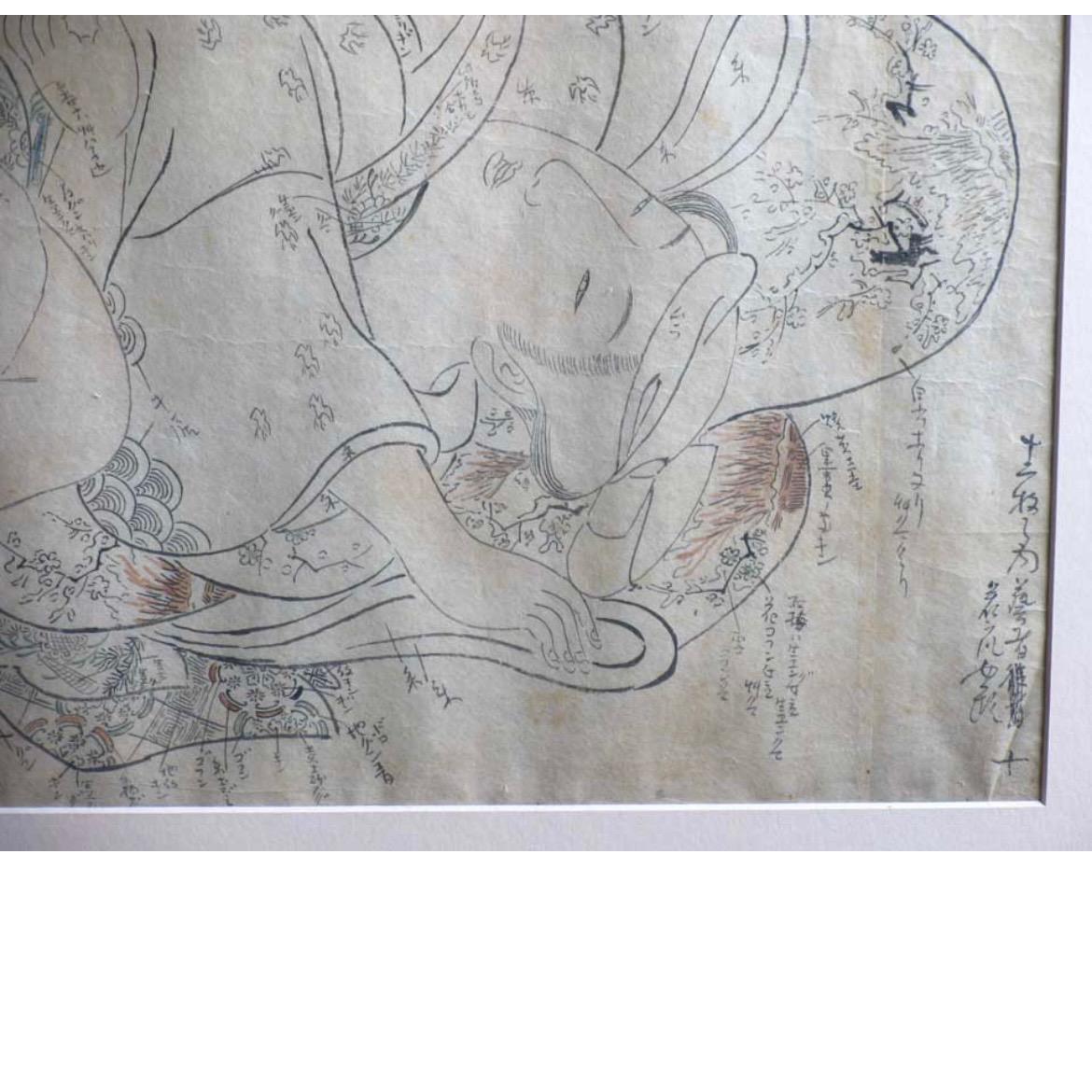 Framed Japanese ink on paper artist's instruction for a Shunga print In Good Condition For Sale In Point Richmond, CA