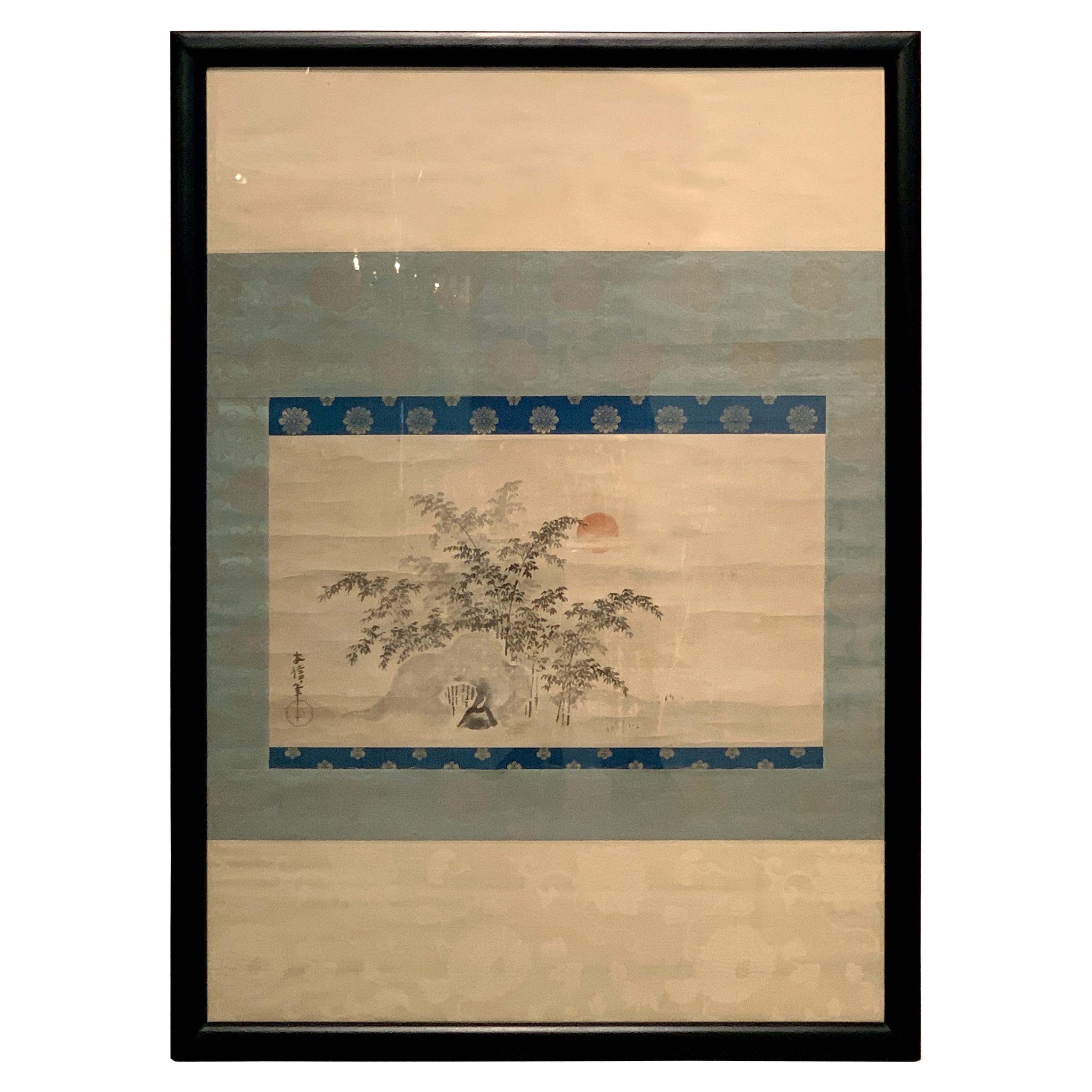 Framed Japanese Ink Painting Signed Yasunobu, Edo Period, 19th Century, Japan
