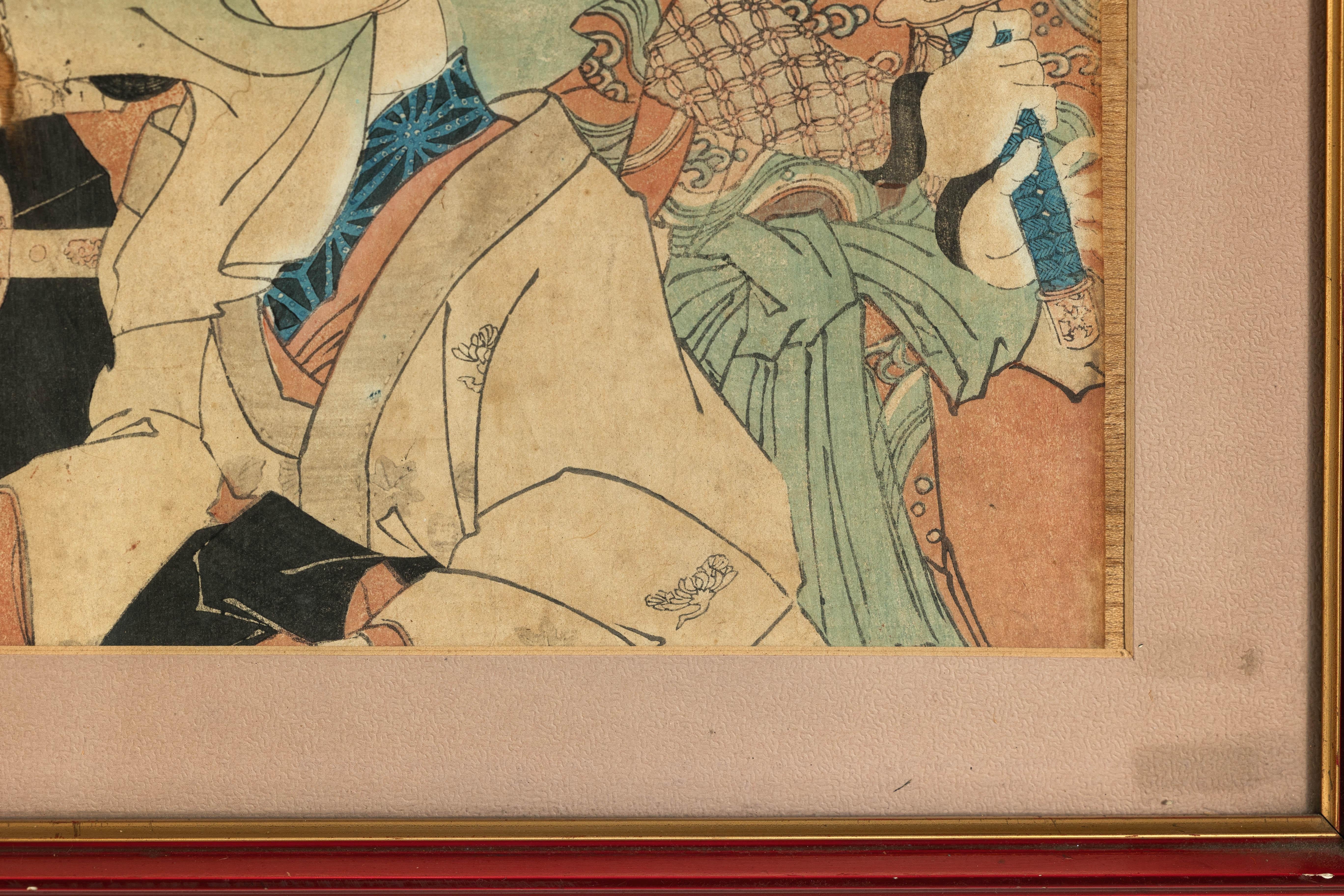 Tríptico japonés kabuki enmarcado con actores samurai y cortesana en venta 2