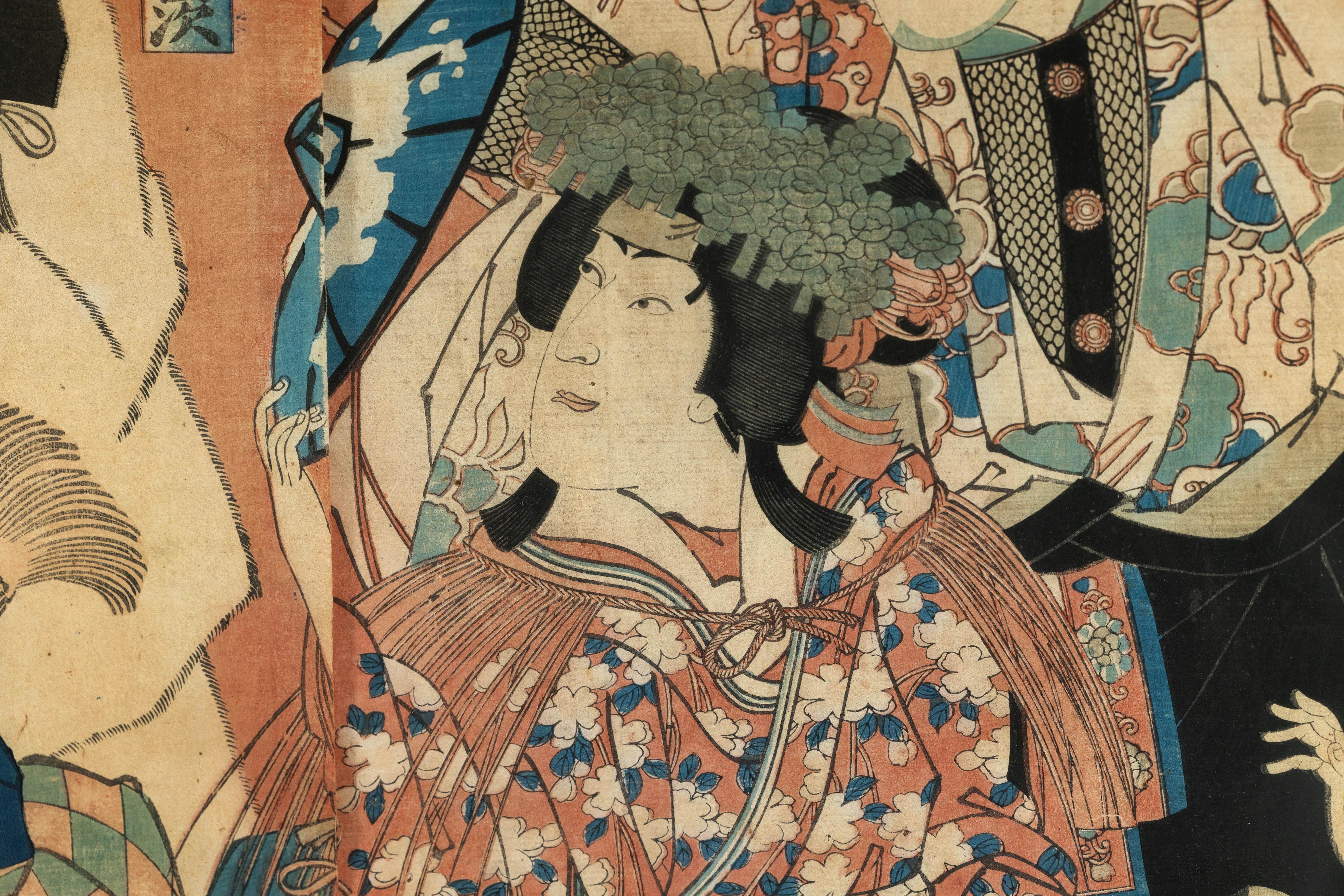 Tríptico japonés kabuki enmarcado con actores samurai y cortesana en venta 3