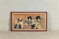 Framed Japanese Kabuki Triptych Print with Samurai and Courtesan Actors