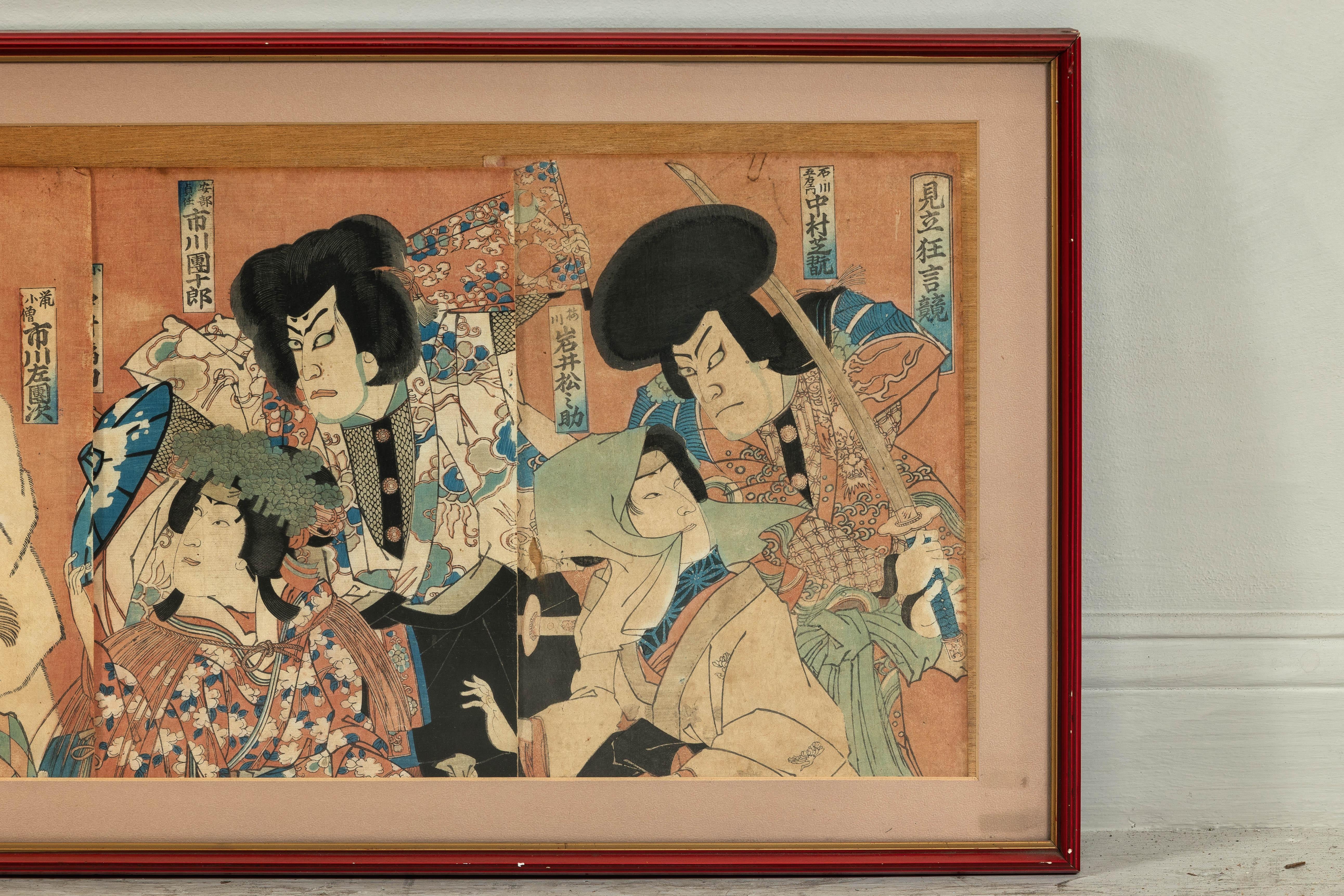 Tríptico japonés kabuki enmarcado con actores samurai y cortesana Lacado en venta
