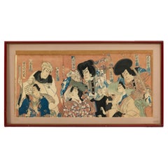 Gerahmter japanischer Kabuki- Triptychondruck mit Samurai- und höfischen Schauspielern, gerahmt