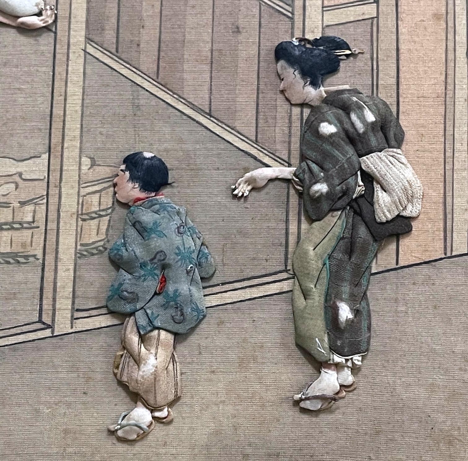 Framed Japanese Oshi-E Textile Art Meiji Period from a Rare Large Set 5