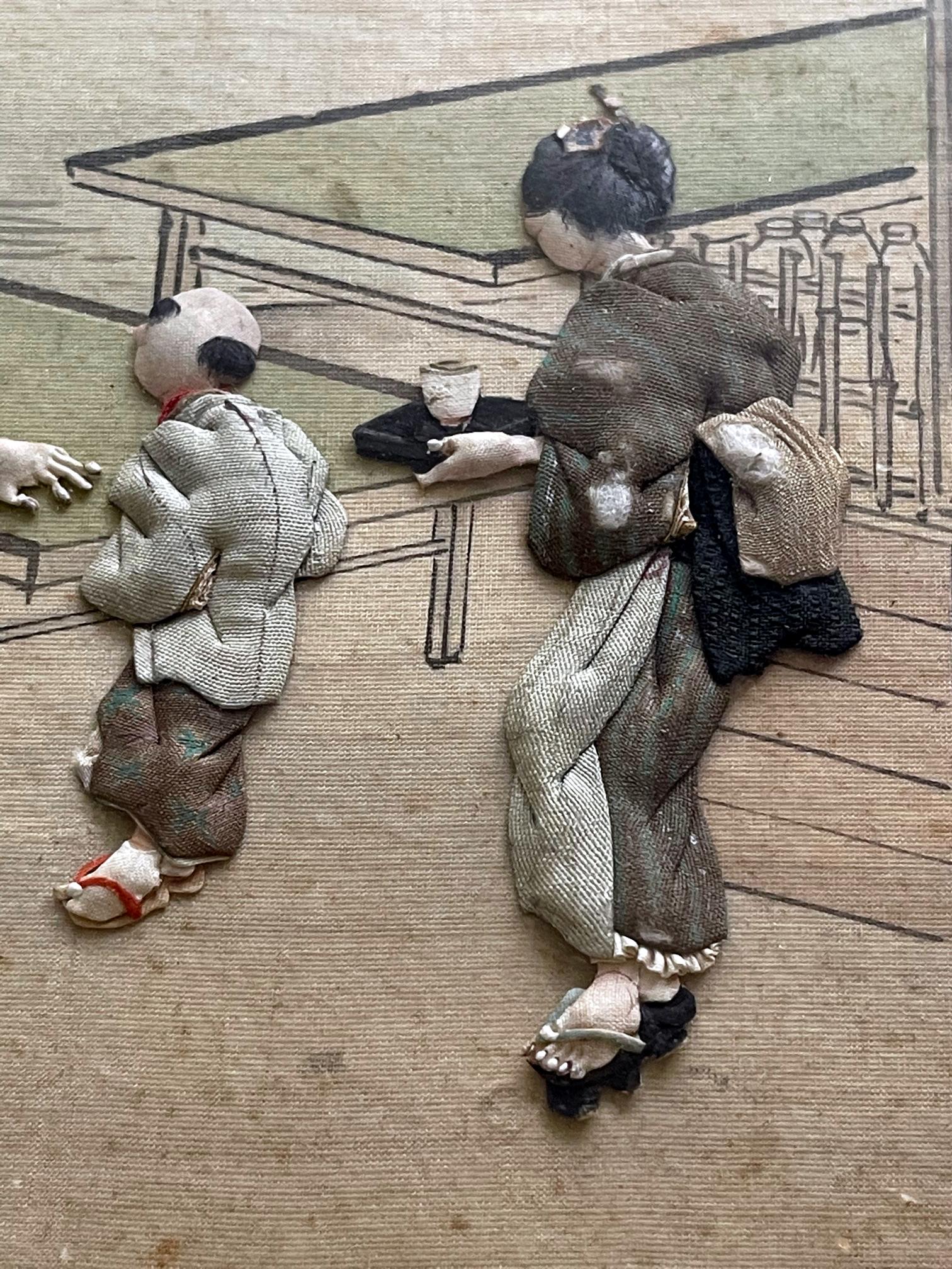 Framed Japanese Oshi-E Textile Art Meiji Period from a Rare Large Set 7