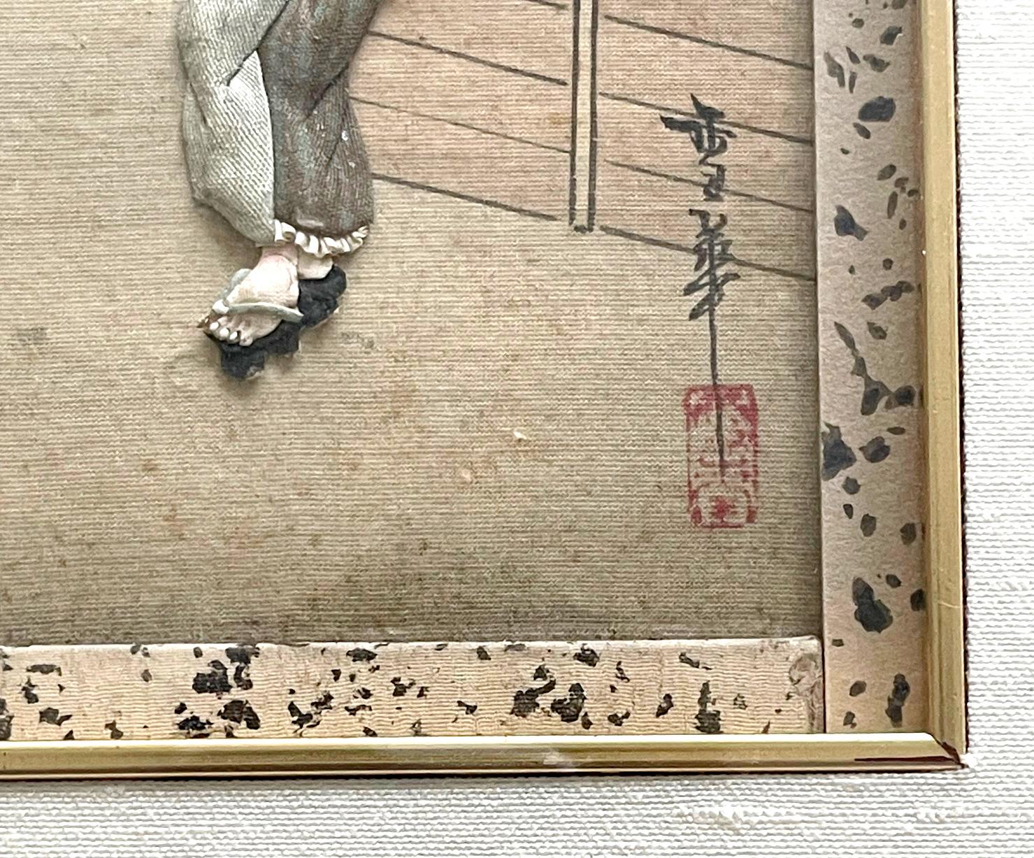 Framed Japanese Oshi-E Textile Art Meiji Period from a Rare Large Set 9