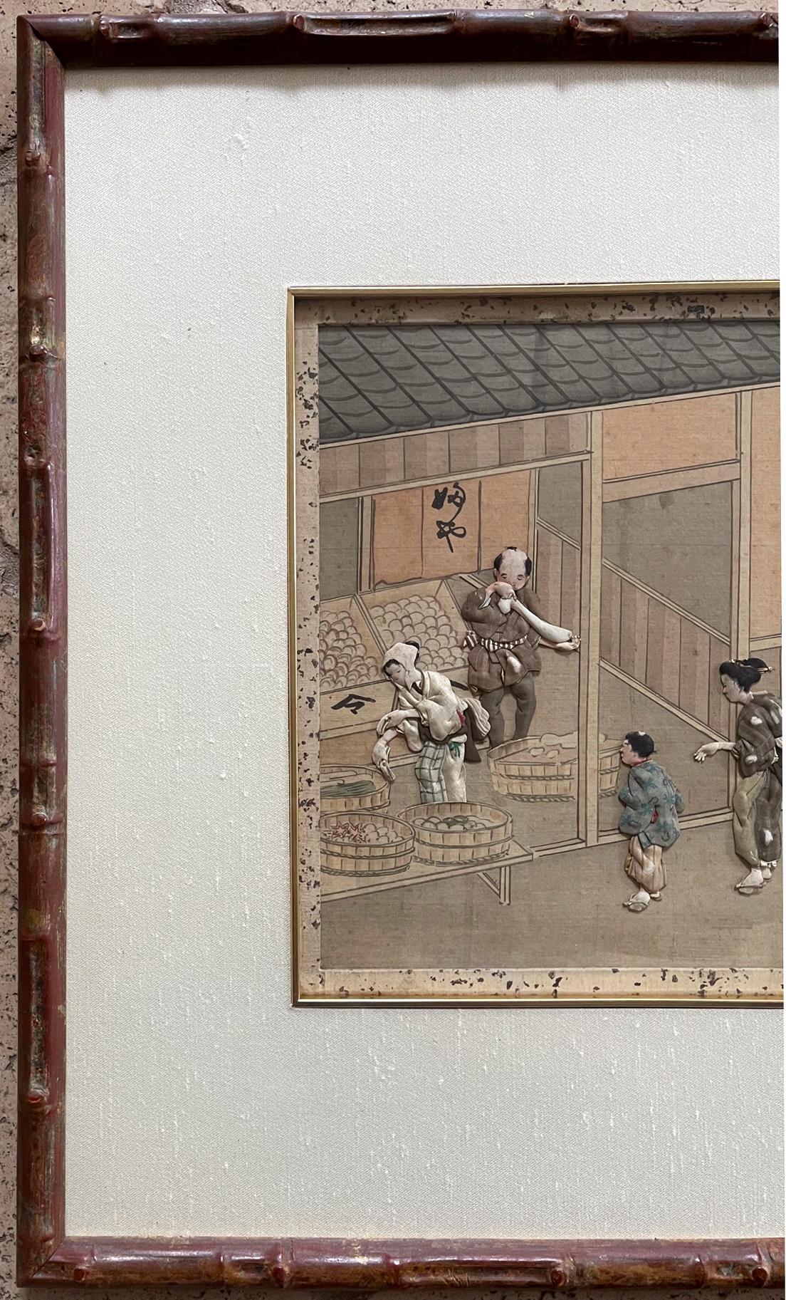 On offer is one of the set of seven framed Japanese textile art called Oshi-E circa Meiji Period (1868-1912). This rare set consists of seven panels depicting various aspects of daily life in Edo time with stunning details. These snapshots of