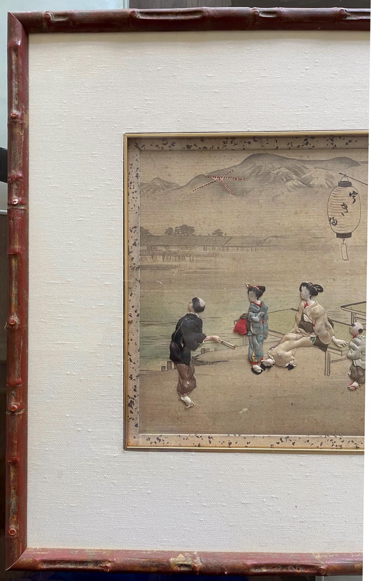 On offer is one of the set of seven framed Japanese textile art called Oshi-E circa Meiji Period (1868-1912). This rare set consists of seven panels depicting various aspects of daily life in Edo time with stunning details. These snapshots of