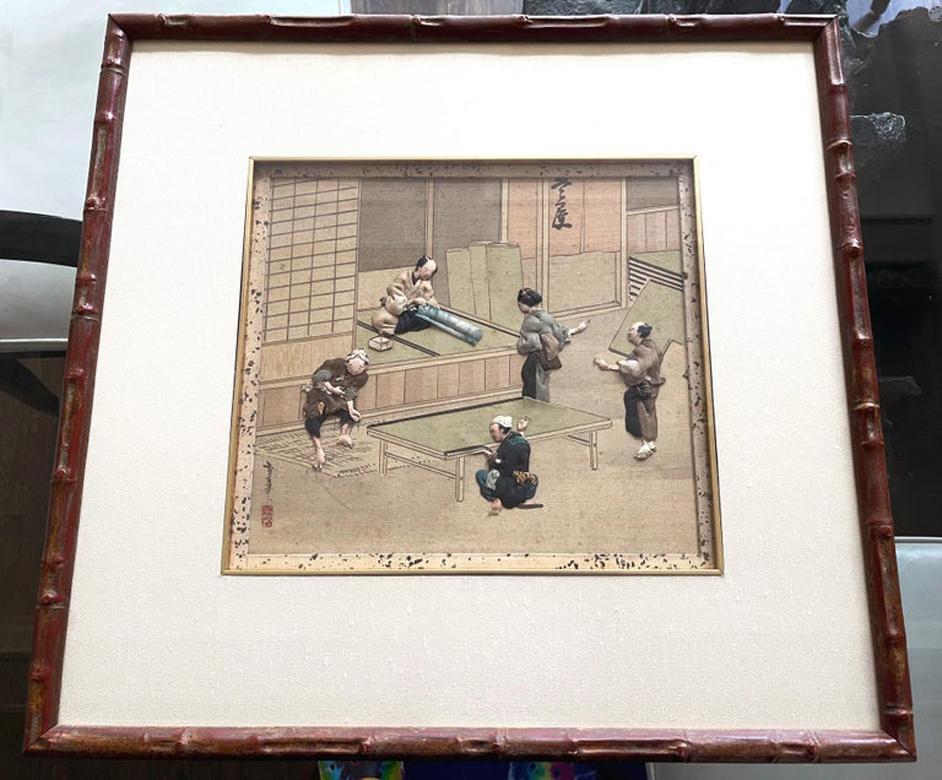 On offer is the last one of the set of seven framed Japanese textile art called Oshi-E circa Meiji Period (1868-1912). This rare set consists of seven panels depicting various aspects of daily life in Edo time with stunning details. These snapshots