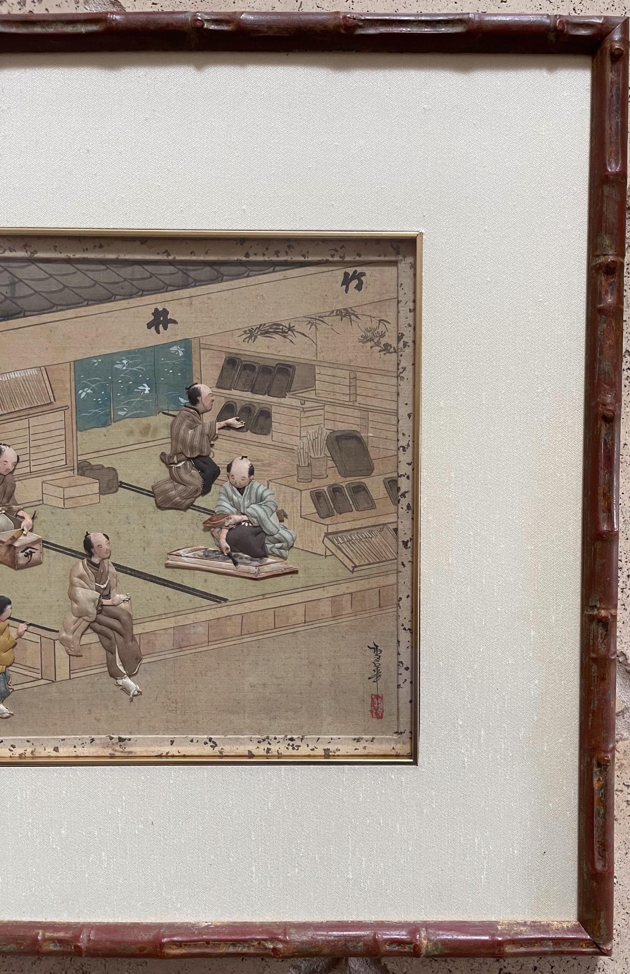 Japonisme Framed Japanese Oshi-E Textile Art Meiji Period from a Rare Large Set
