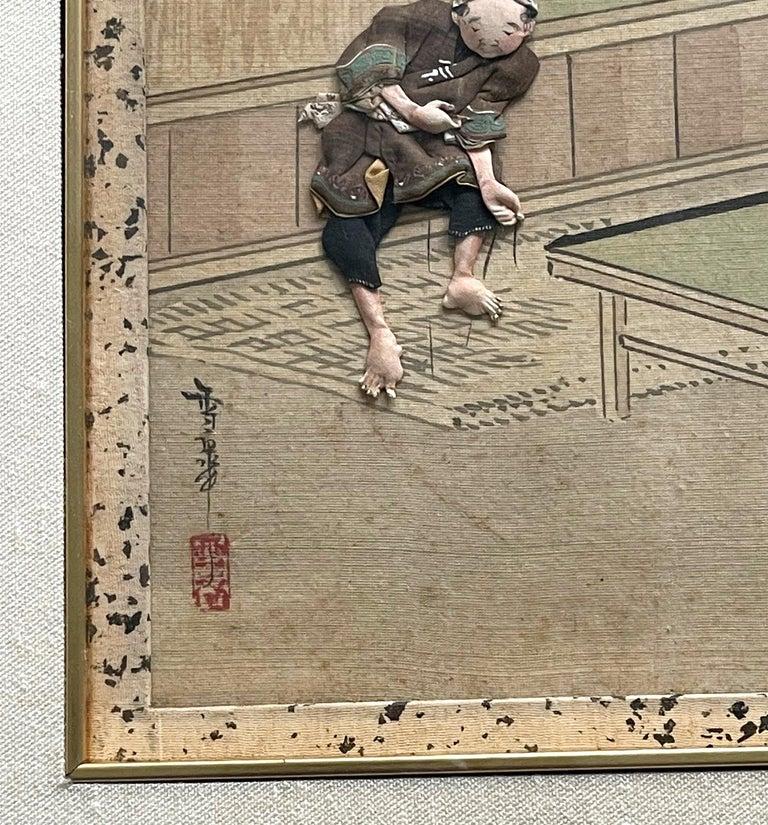 Japonisme Framed Japanese Oshi-E Textile Art Meiji Period from a Rare Large Set For Sale