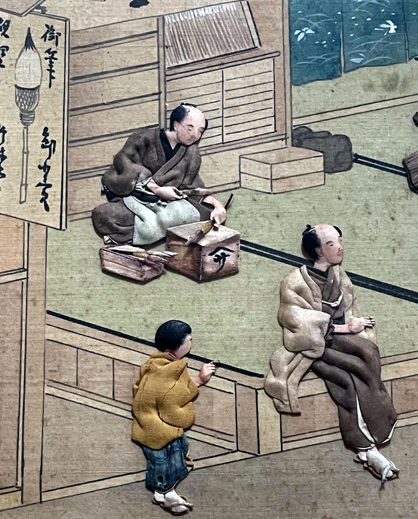 Framed Japanese Oshi-E Textile Art Meiji Period from a Rare Large Set 1