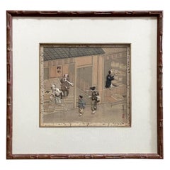 Antique Framed Japanese Oshi-E Textile Art Meiji Period from a Rare Large Set