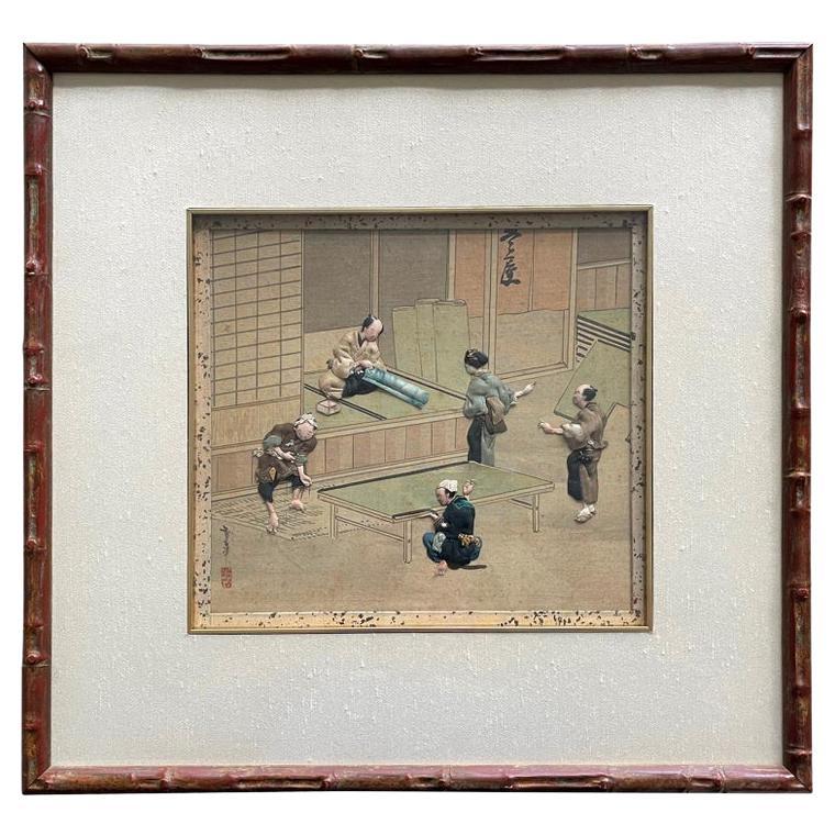 Framed Japanese Oshi-E Textile Art Meiji Period from a Rare Large Set