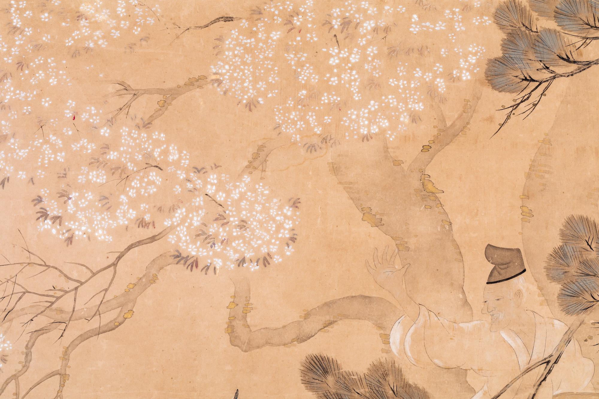 Gerahmtes japanisches Gemälde auf Seide, Hoffiguren in einer Gartenlandschaft (Japanisch) im Angebot
