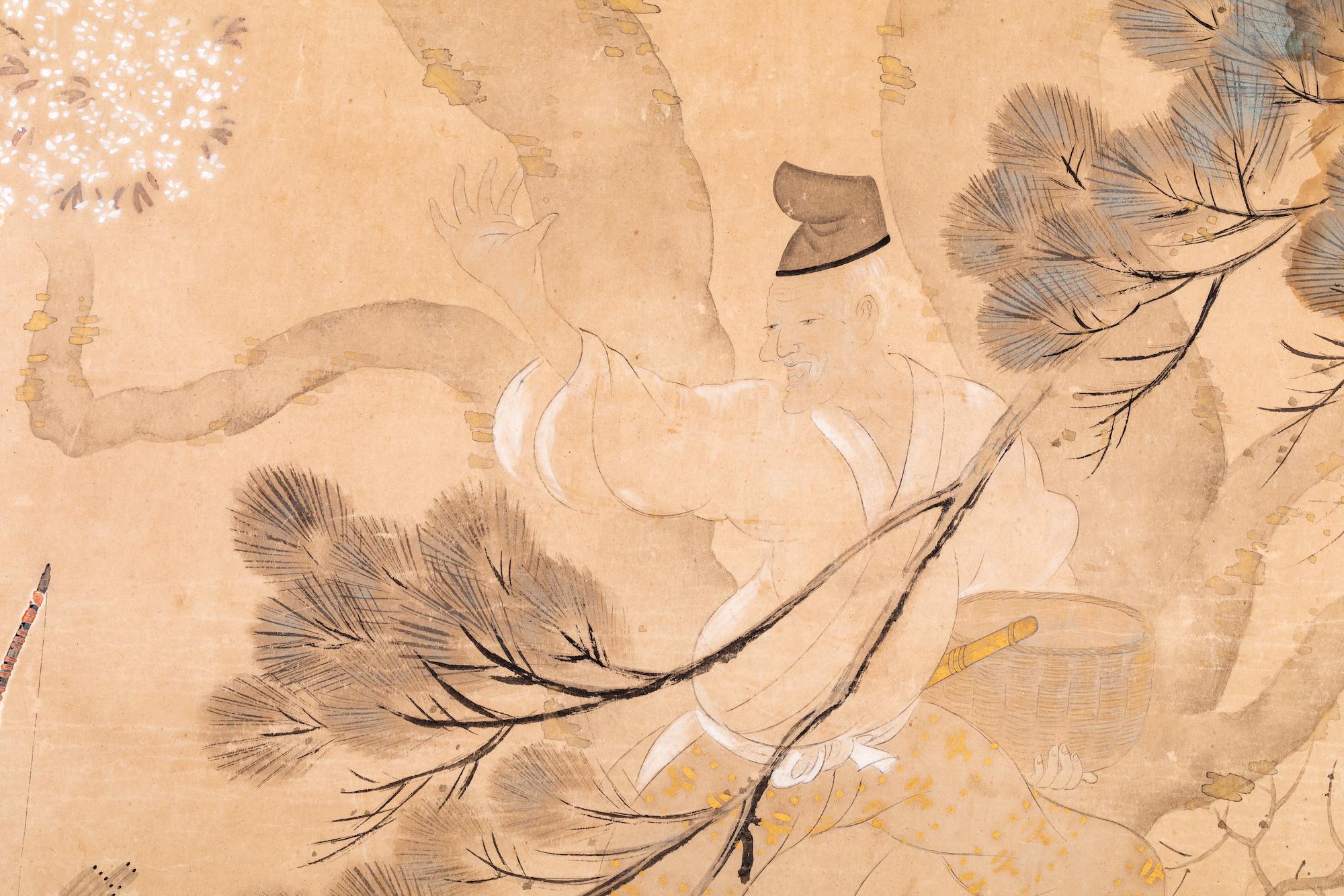 Gerahmtes japanisches Gemälde auf Seide, Hoffiguren in einer Gartenlandschaft (19. Jahrhundert) im Angebot