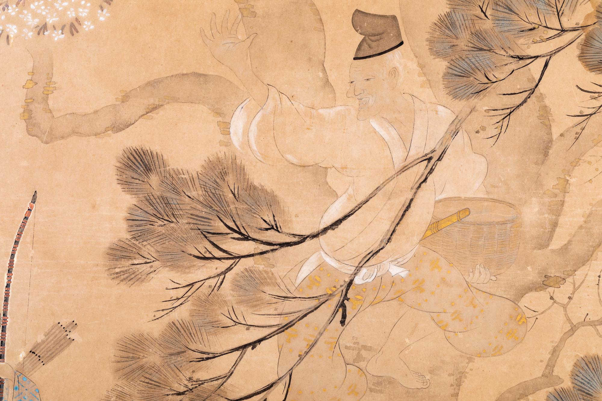 Framed Japanese Painting on Silk, Court Figures in a Garden Landscape In Good Condition In Hudson, NY