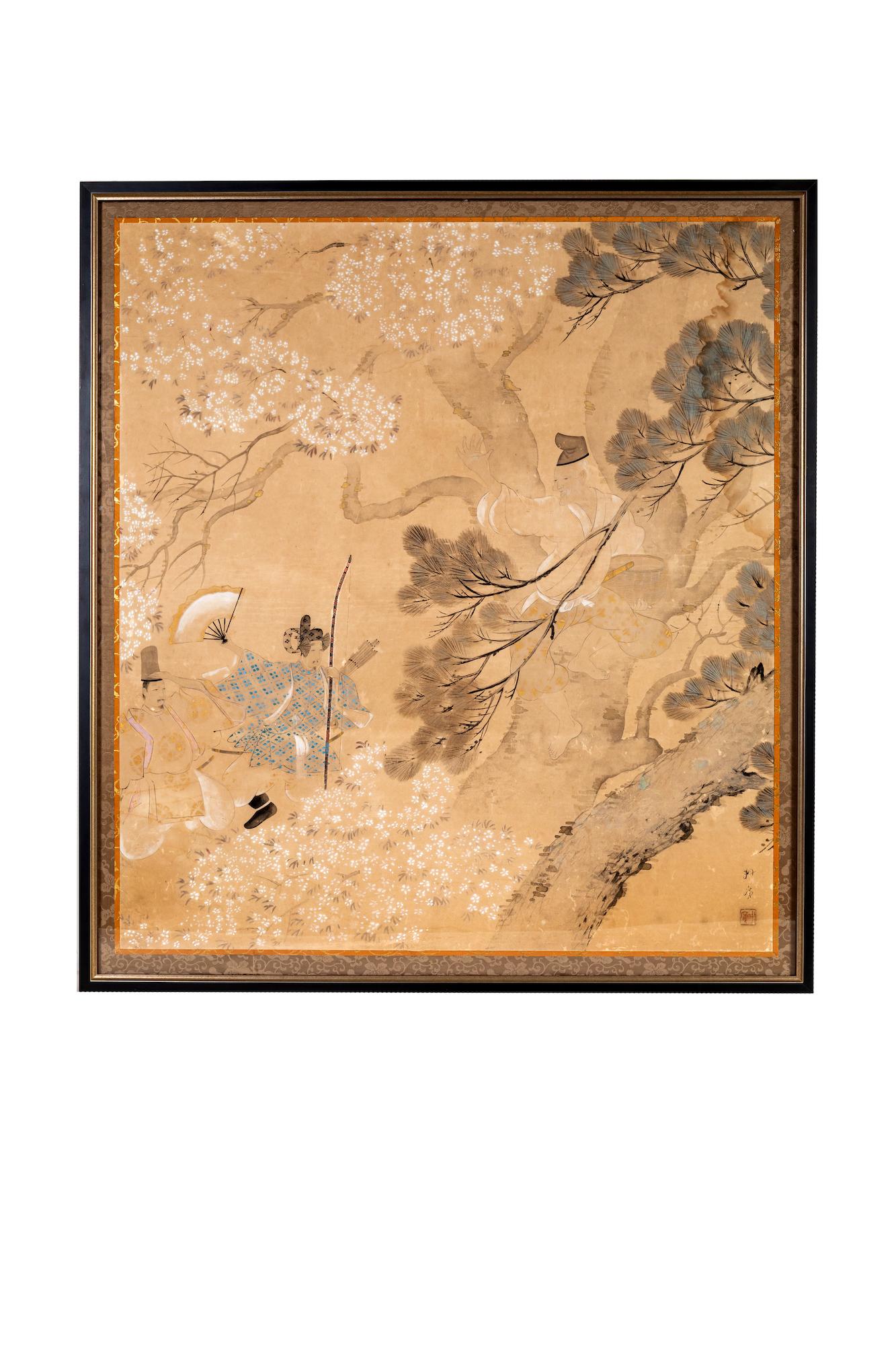 Framed Japanese Painting on Silk, Court Figures in a Garden Landscape For Sale 1