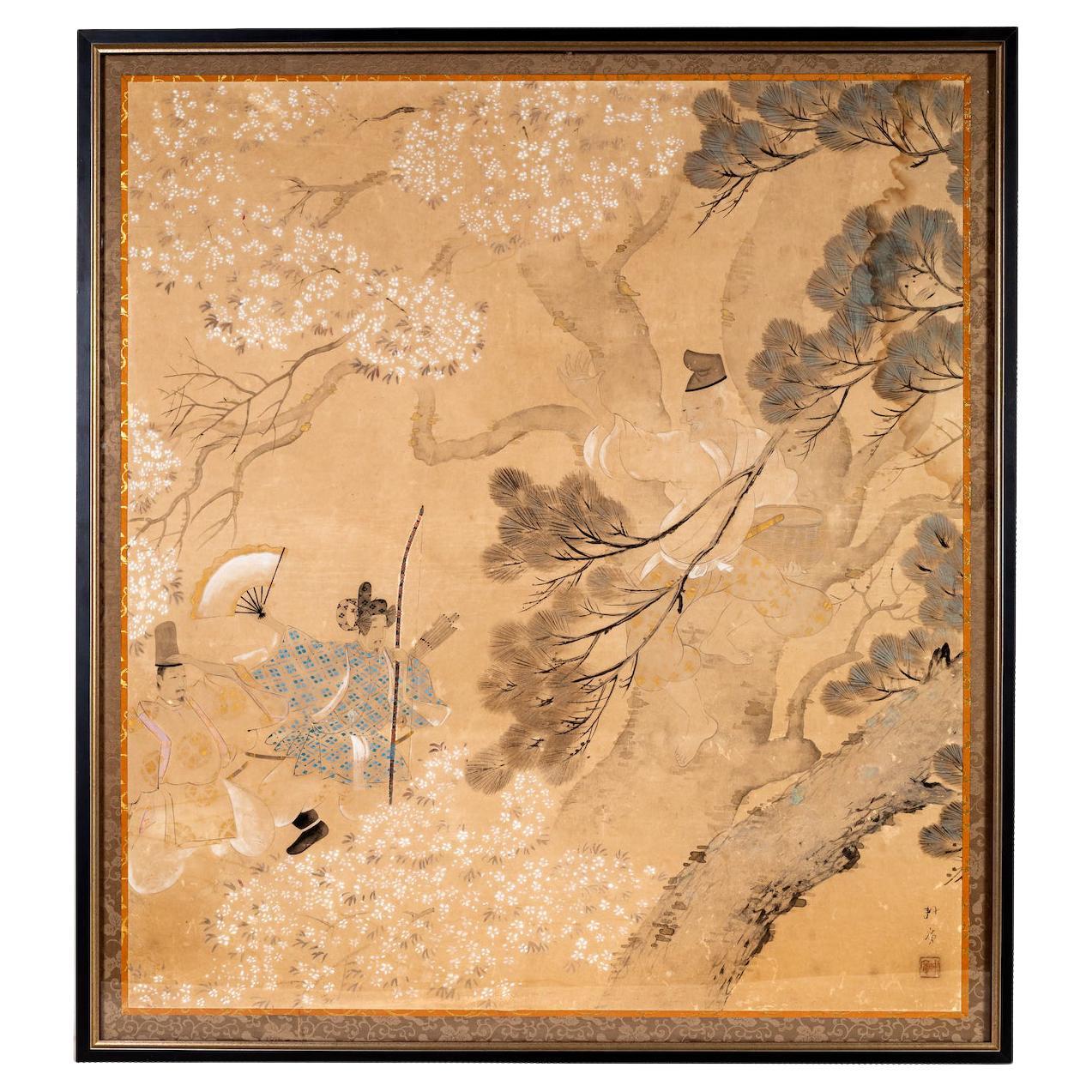 Framed Japanese Painting on Silk, Court Figures in a Garden Landscape