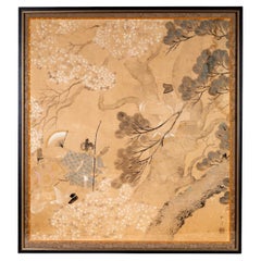 Framed Japanese Painting on Silk, Court Figures in a Garden Landscape