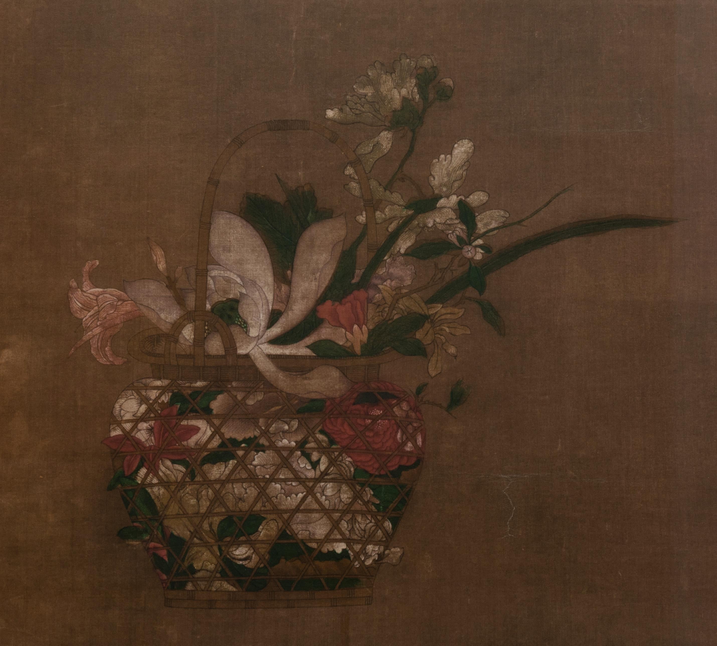 Framed Japanese Painting on Silk, Flowers In Basket , 
Japan, Showa Period C.1930
Present in excellent condition commensurate of age