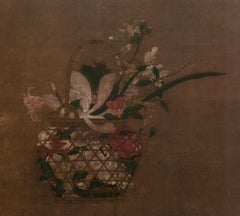 Framed Japanese Painting on Silk, Flowers In Basket , Japan, Showa Period C.1930