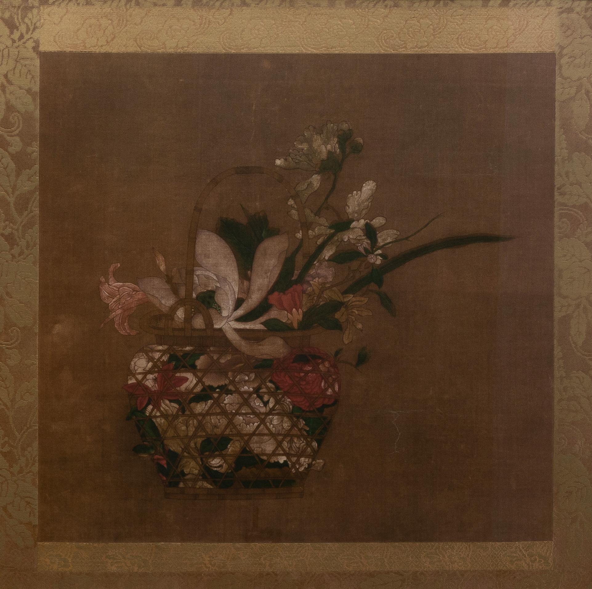 Framed Japanese Painting on Silk, Flowers In Basket , Japan, Showa Period C.1930 In Good Condition For Sale In London, GB