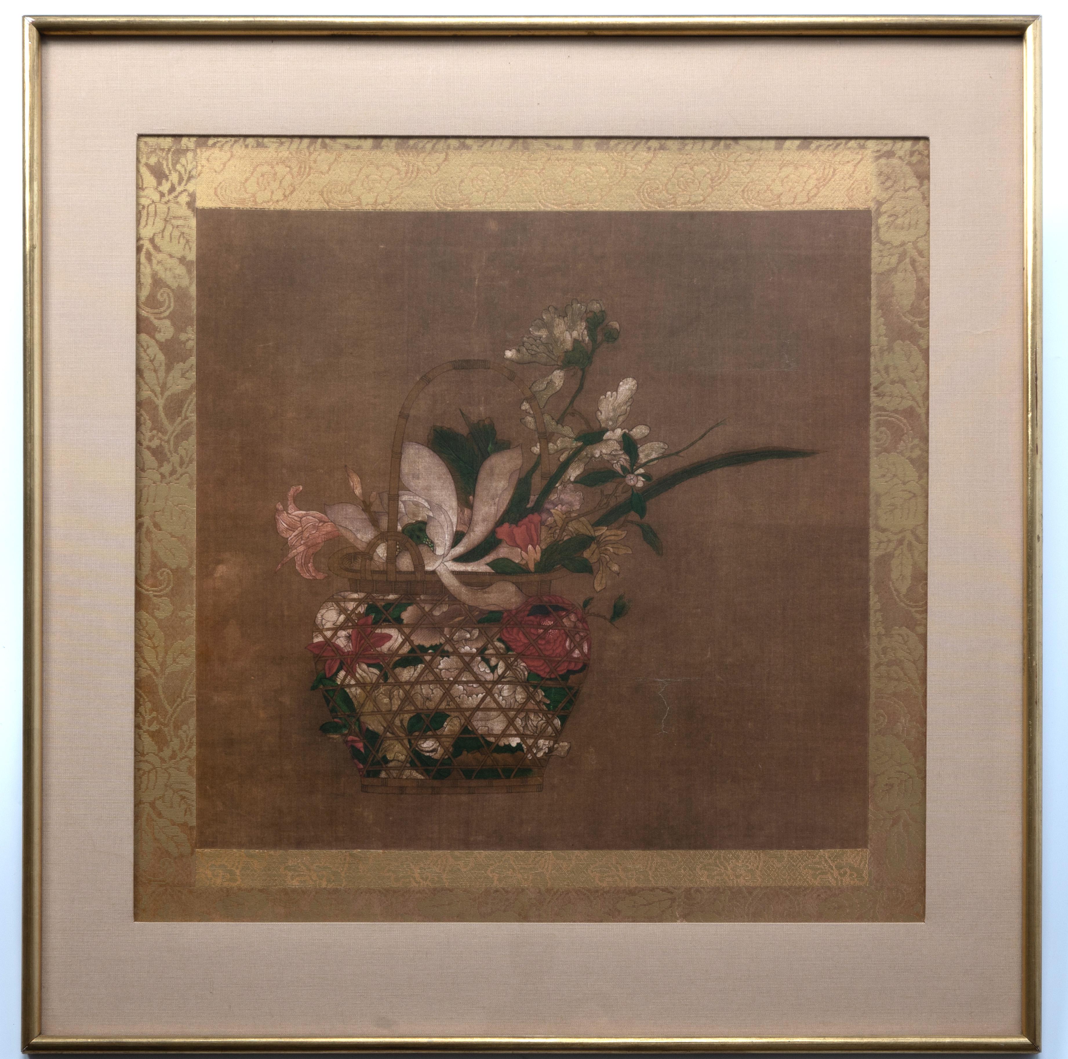 20th Century Framed Japanese Painting on Silk, Flowers In Basket , Japan, Showa Period C.1930 For Sale