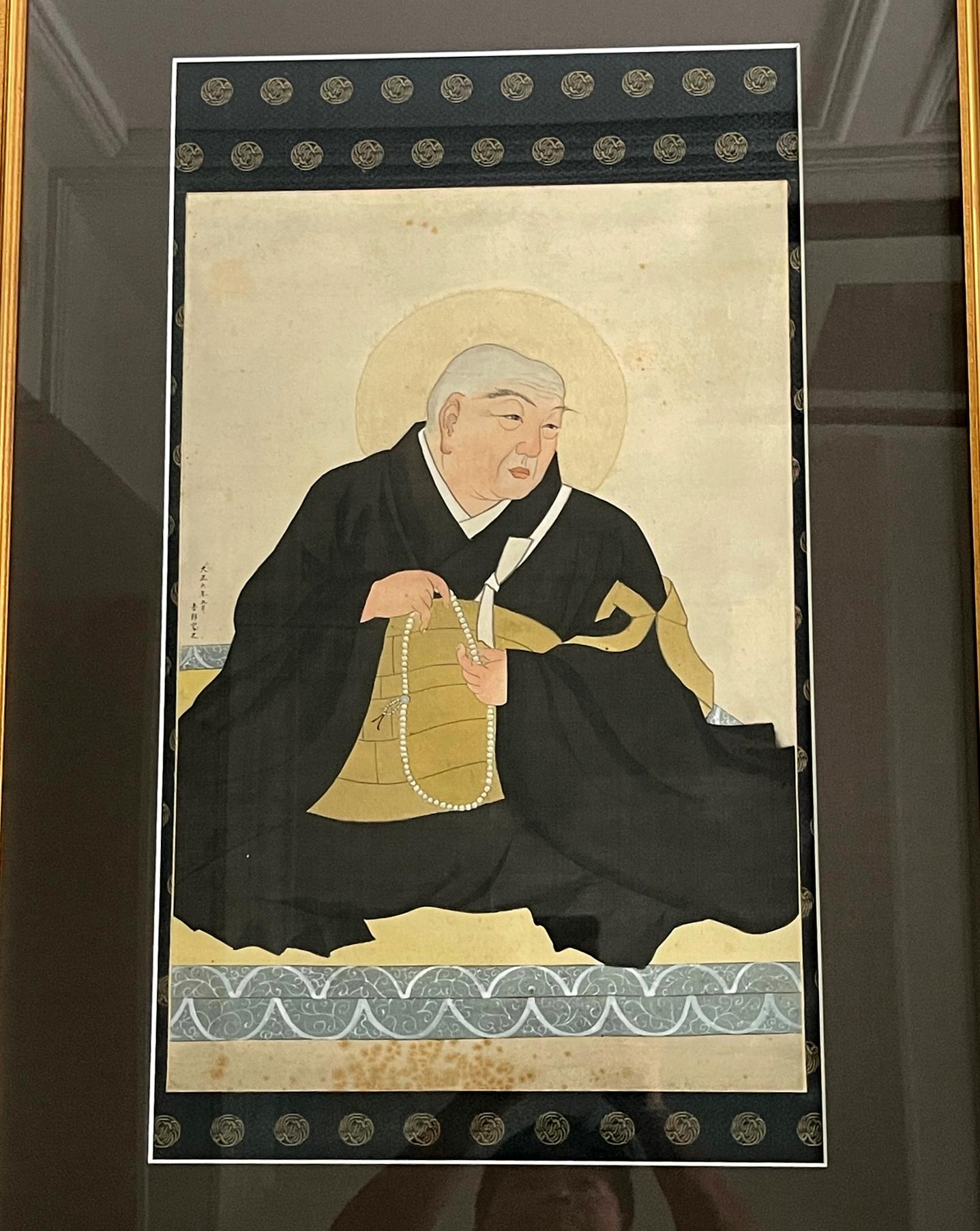 Meiji Framed Japanese Portrait of a Buddhist Priest by Goro Kamenaga For Sale