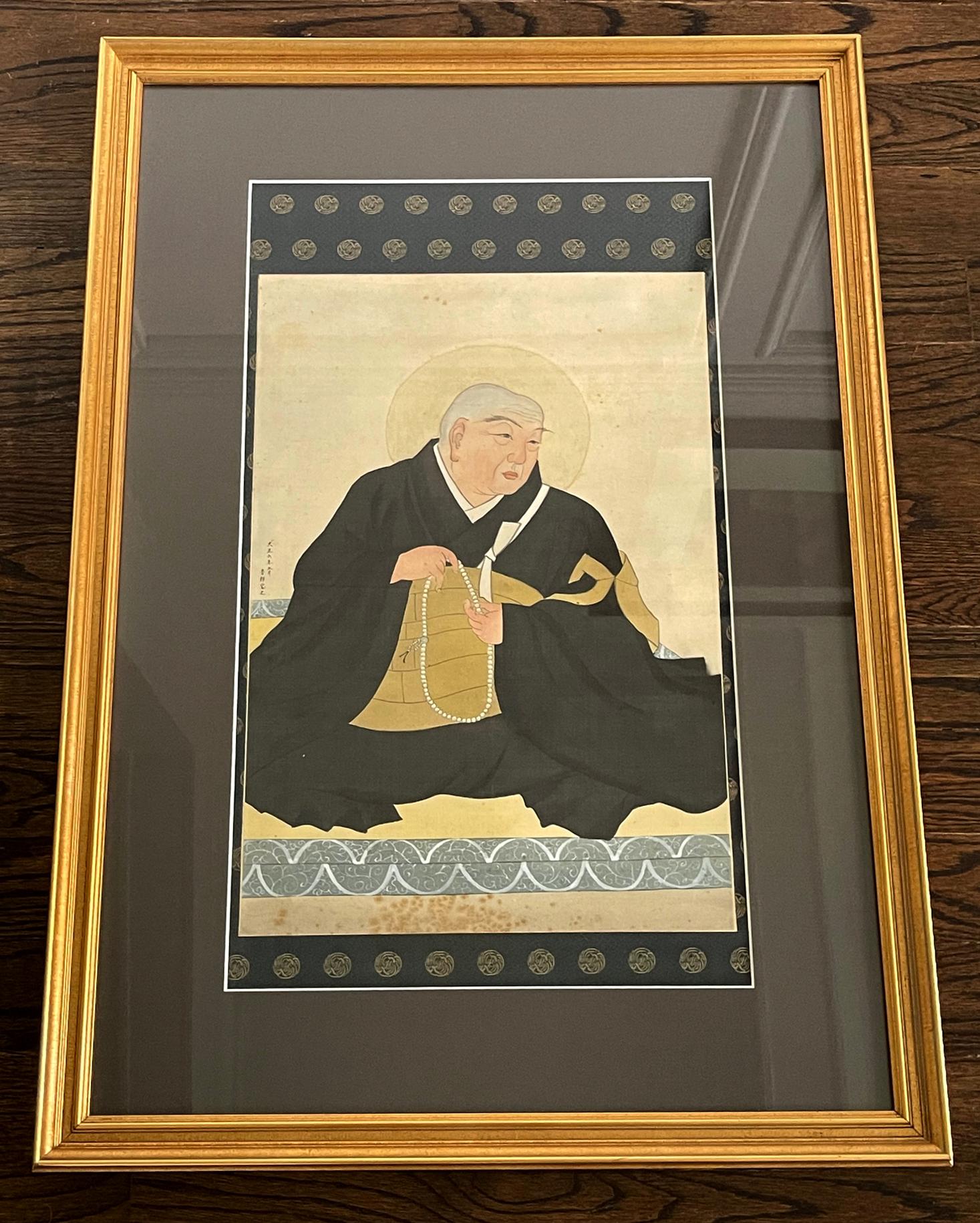 Silk Framed Japanese Portrait of a Buddhist Priest by Goro Kamenaga For Sale