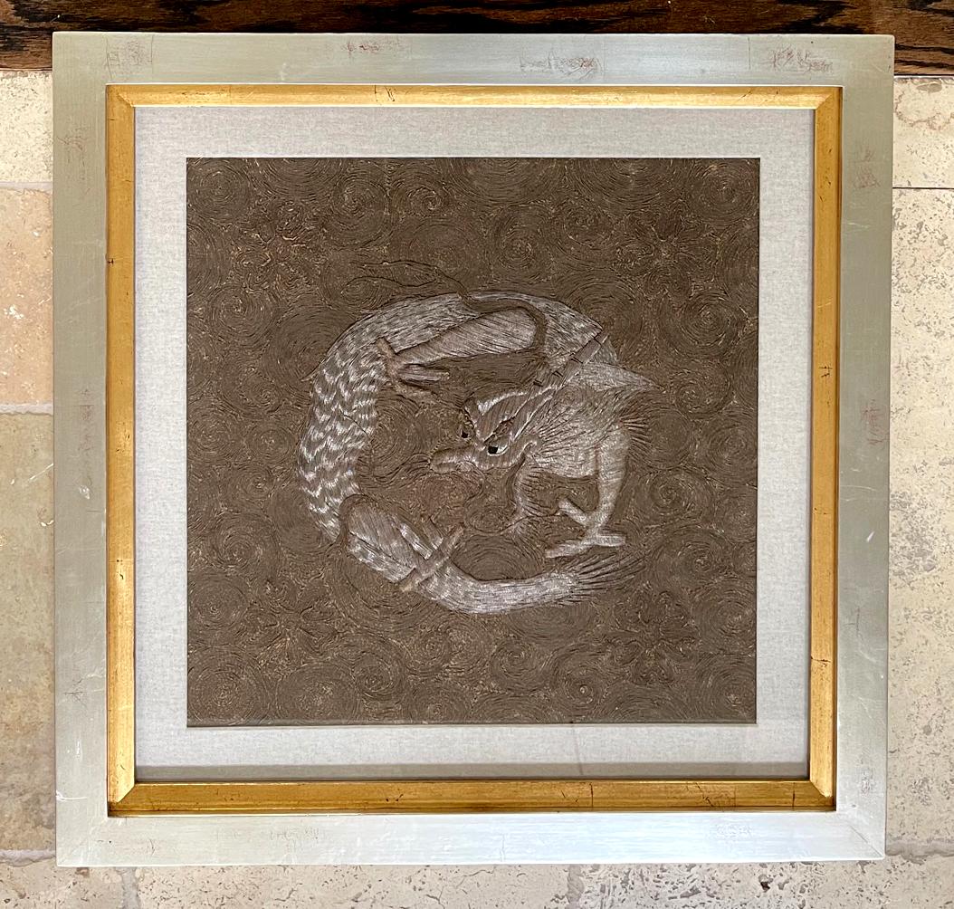 Framed Japanese Relief Embroidery Textile Art of Dragon For Sale 4