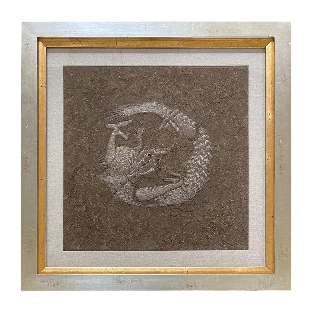 Framed Japanese Relief Embroidery Textile Art of Dragon