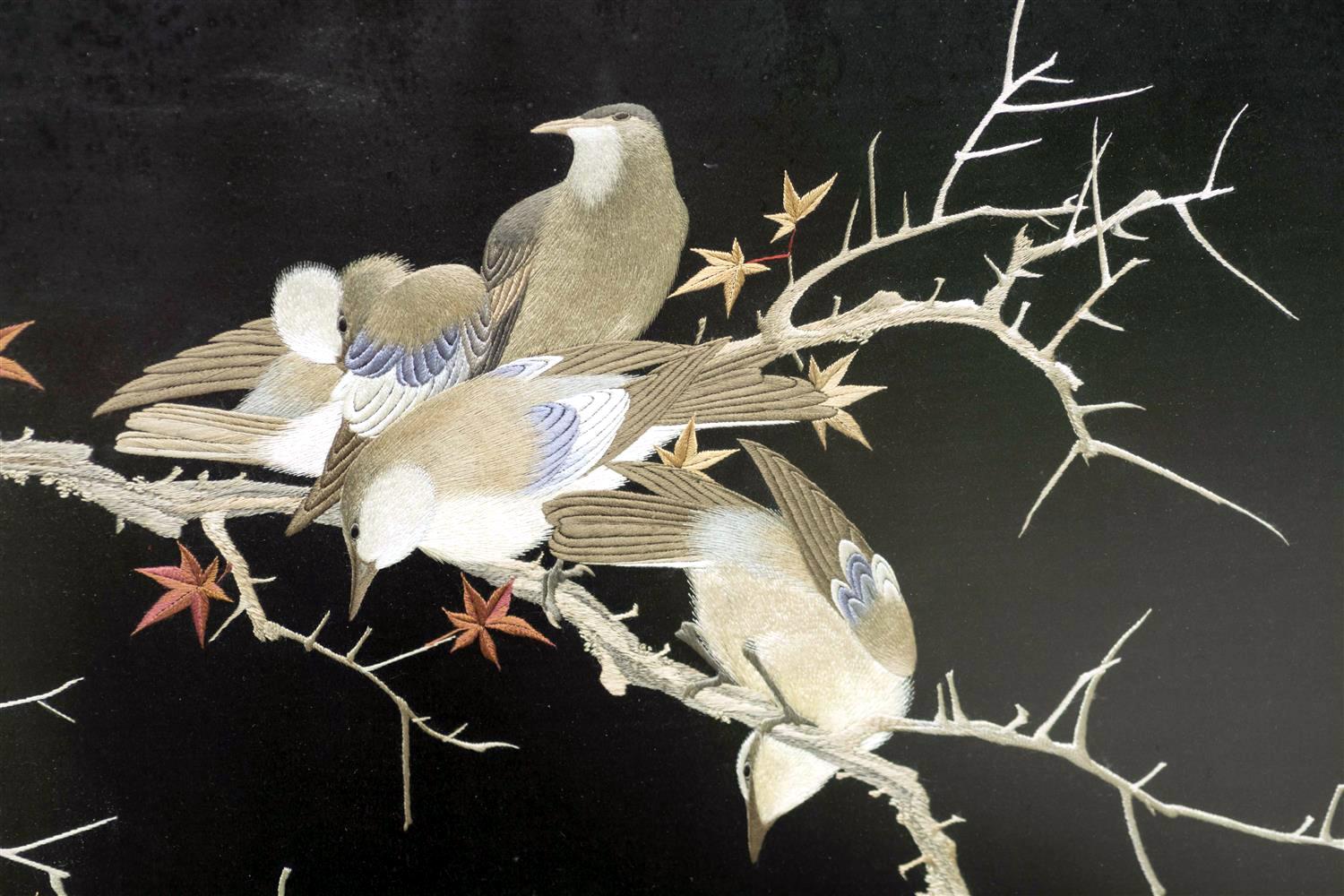An exquisite Japanese embroidery piece circa end of 19th century-early 20th century of Meiji period. The poetic composition of three birds perched on the branches of the maples in deep autumn, evokes a strong sense of seasonal beauty that is