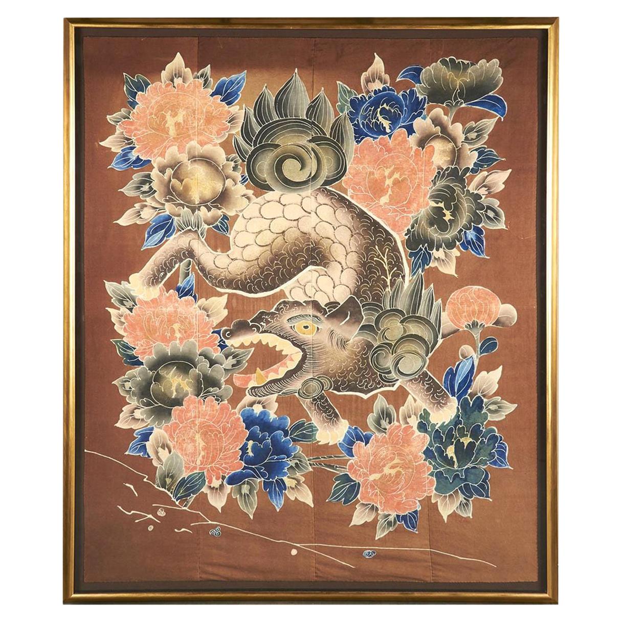 Framed Japanese Futon Cover Textile Art with Resist Yuzen Dye For Sale