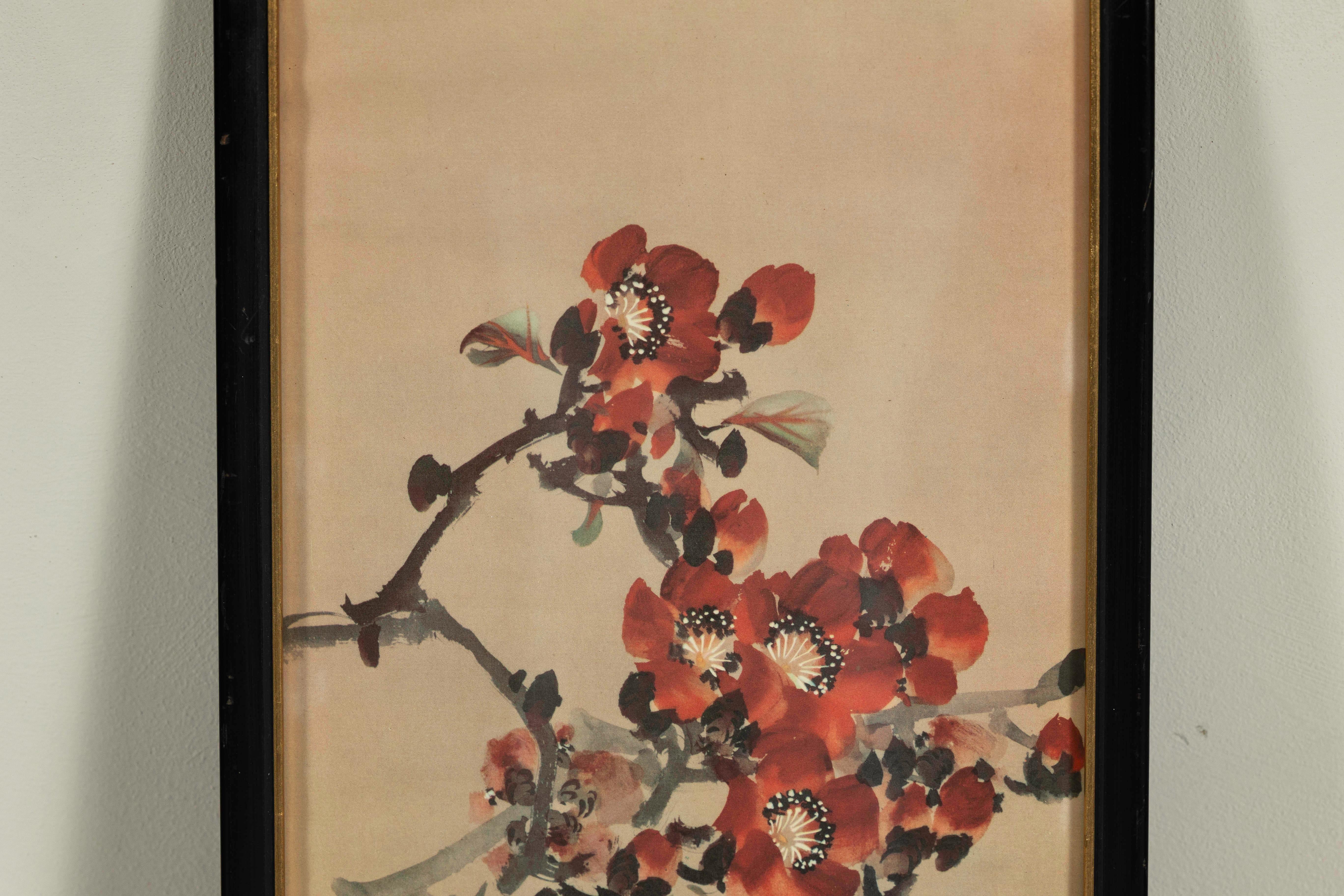 Framed Japanese Watercolor Painting of Bird on Flowering Branch For Sale 4