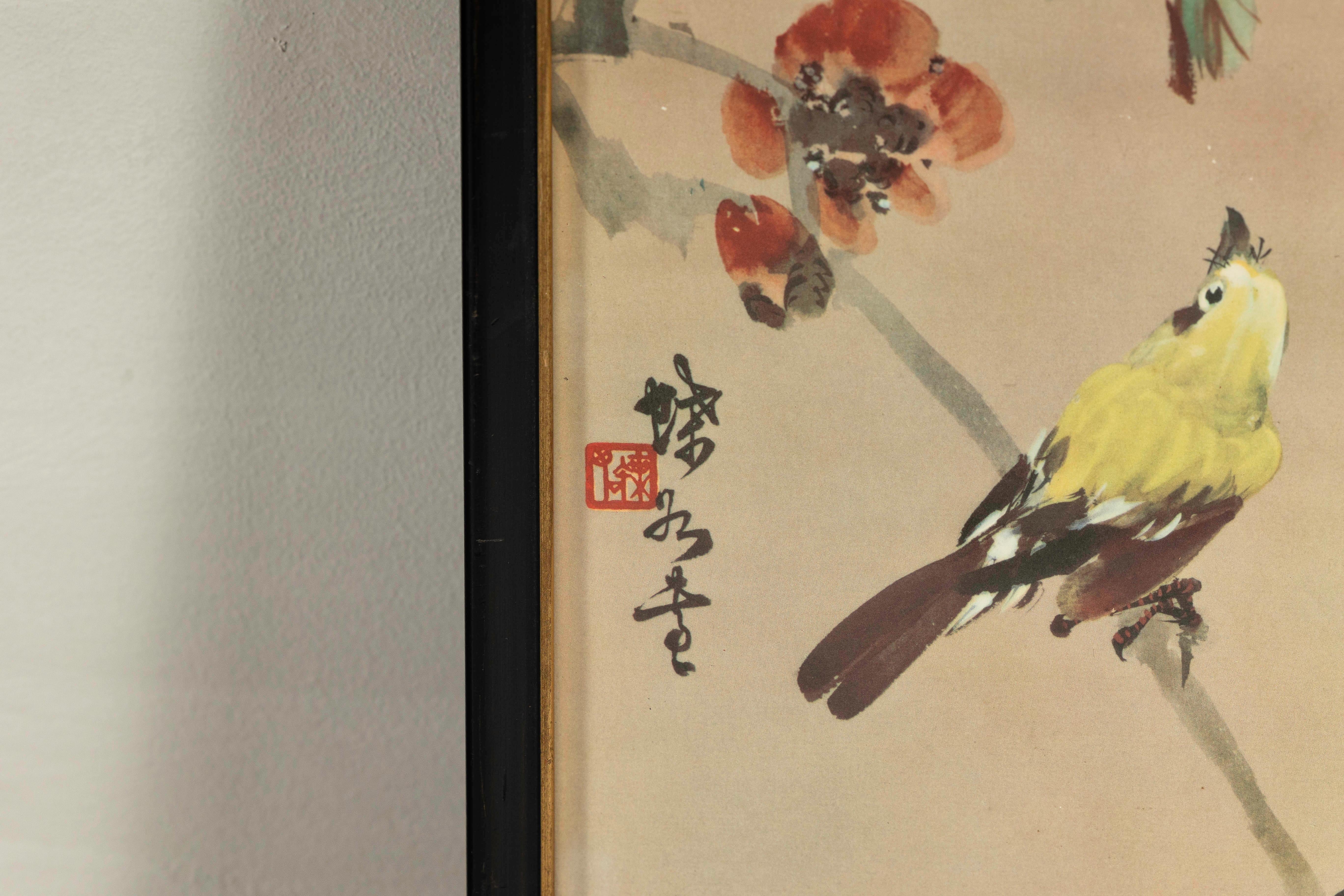 Framed Japanese Watercolor Painting of Bird on Flowering Branch For Sale 5