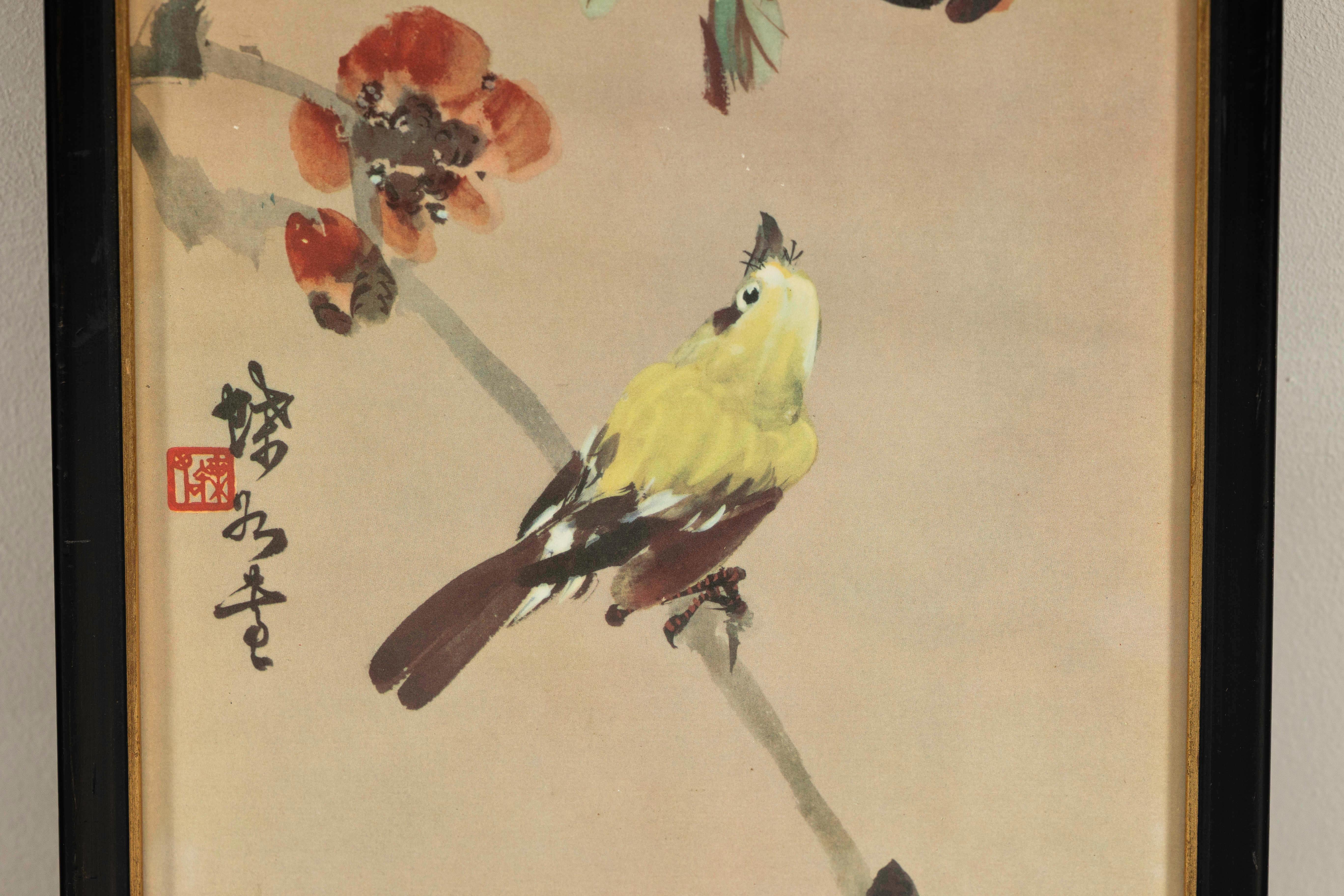 Framed Japanese Watercolor Painting of Bird on Flowering Branch For Sale 6