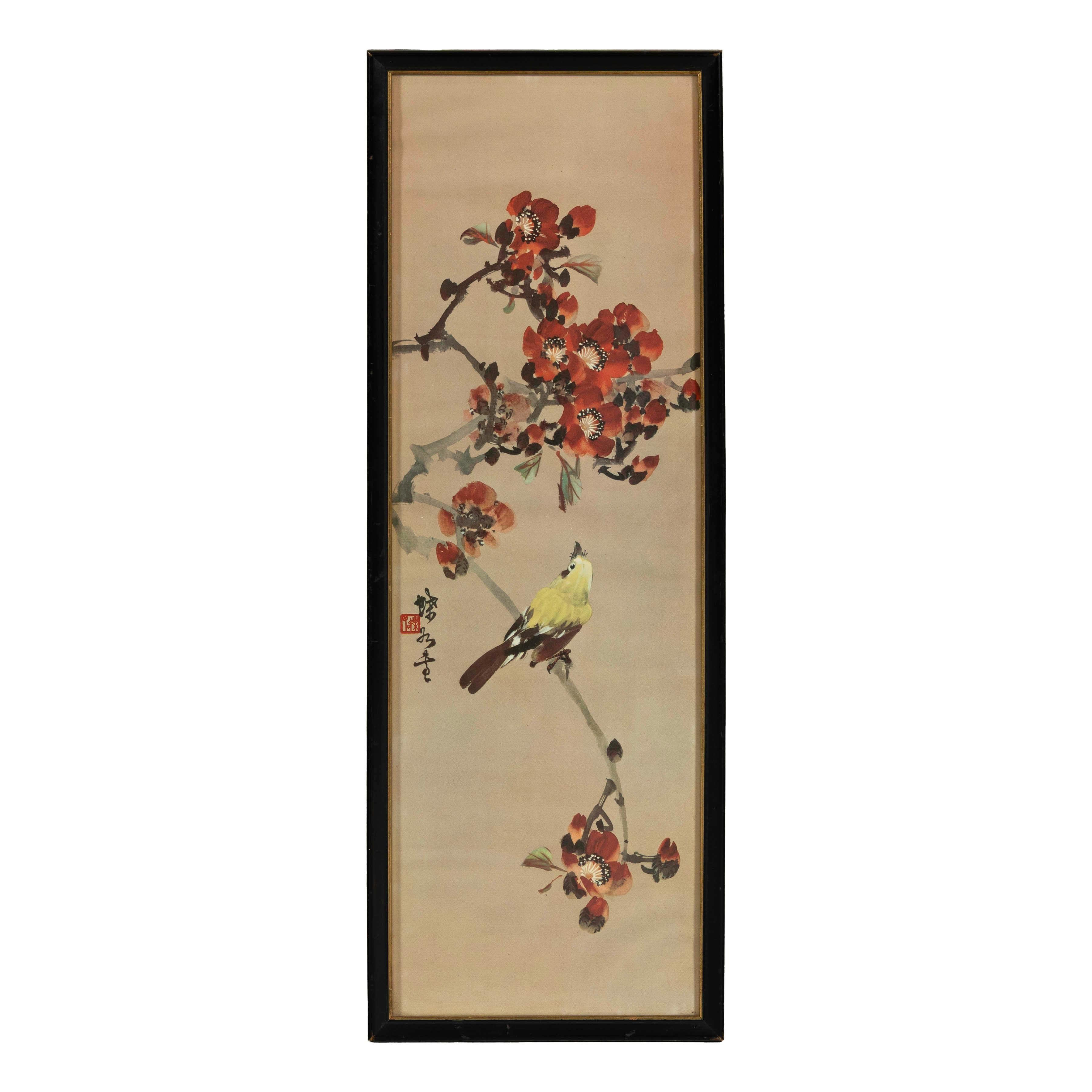 Framed Japanese Watercolor Painting of Bird on Flowering Branch For Sale 9