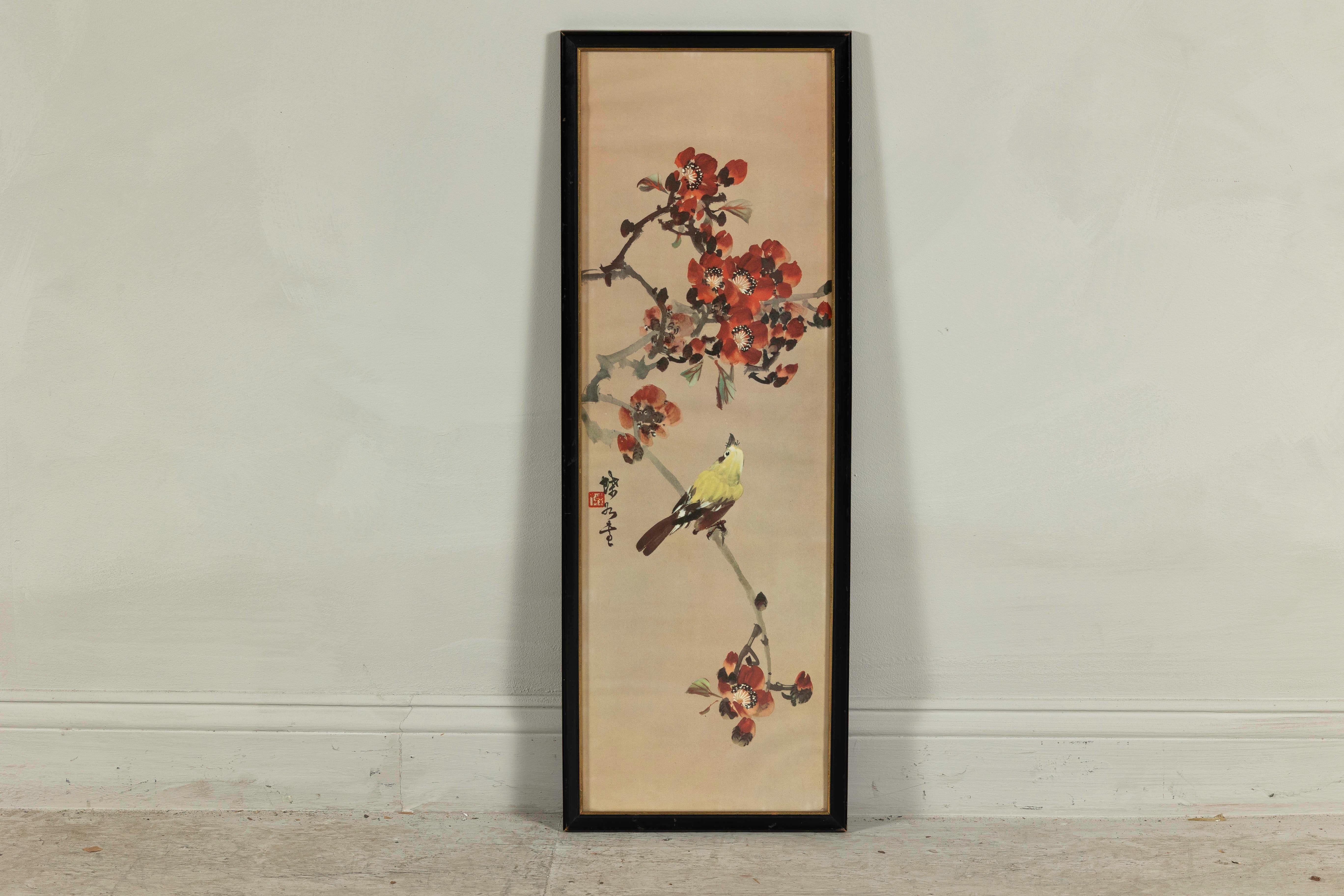 This delicate Japanese painting on paper captures a bright yellow bird perched among flowering branches in full bloom. Executed in watercolor with expressive brushwork and fluid ink lines, the composition strikes a balance between restraint and