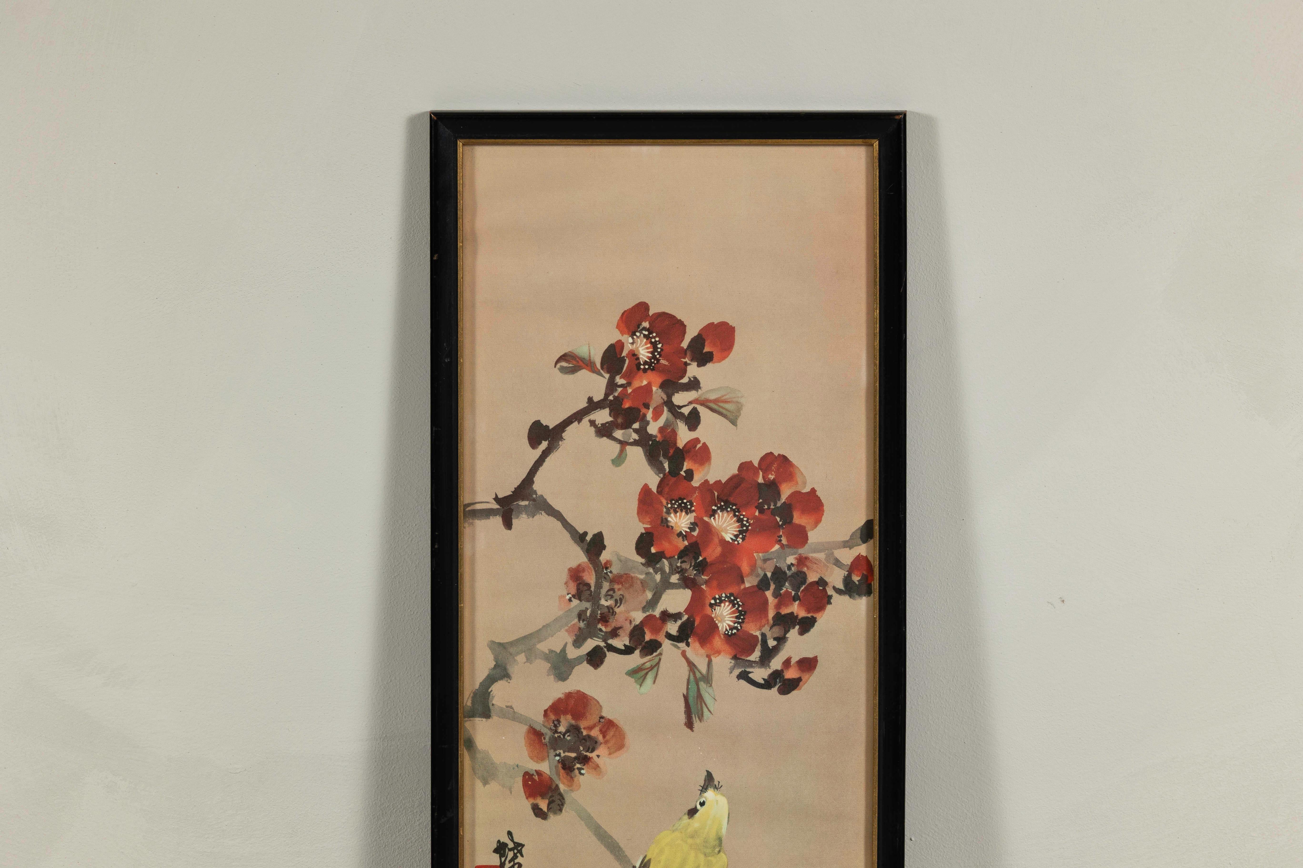 Hand-Painted Framed Japanese Watercolor Painting of Bird on Flowering Branch For Sale