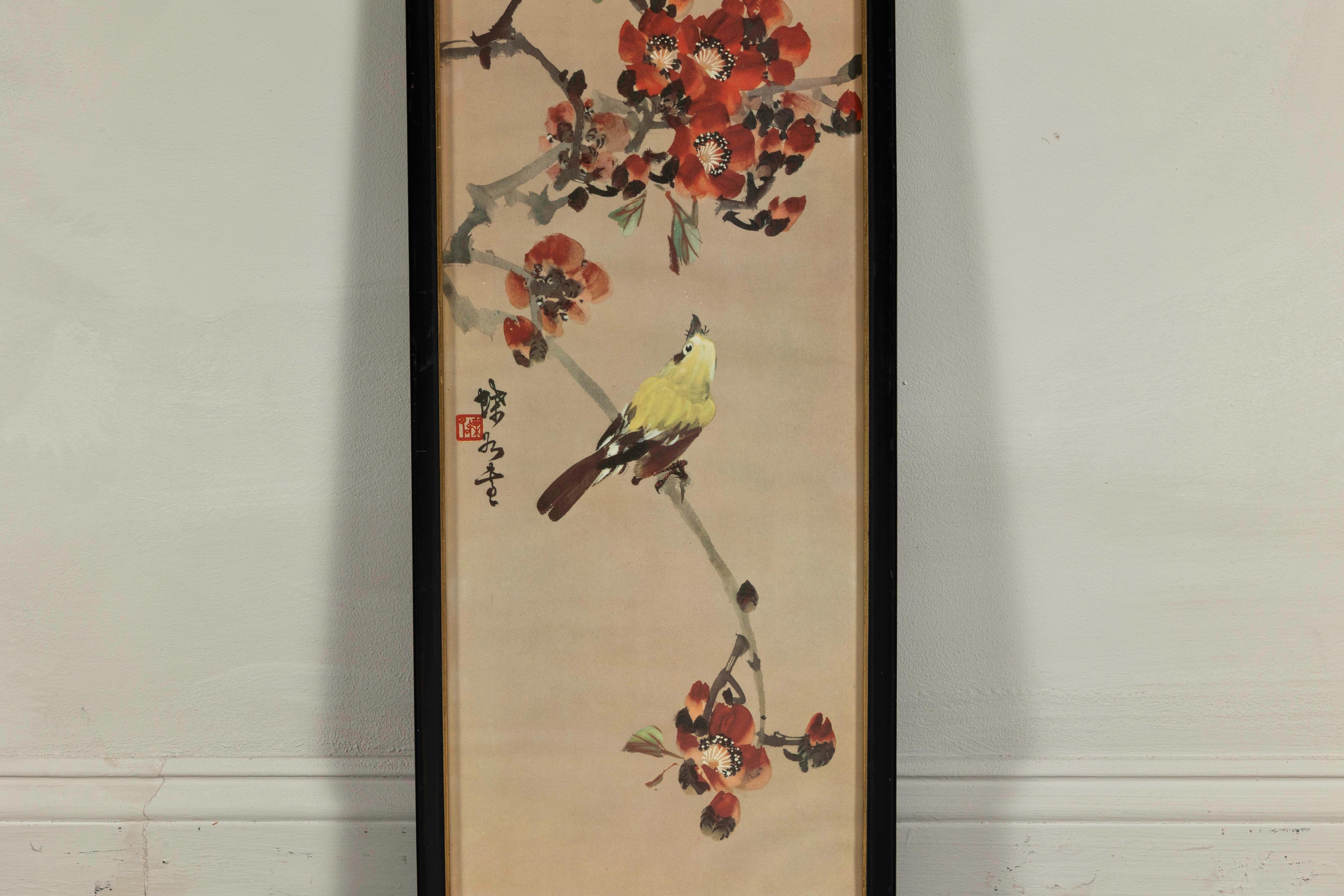 Framed Japanese Watercolor Painting of Bird on Flowering Branch In Good Condition For Sale In Yonkers, NY